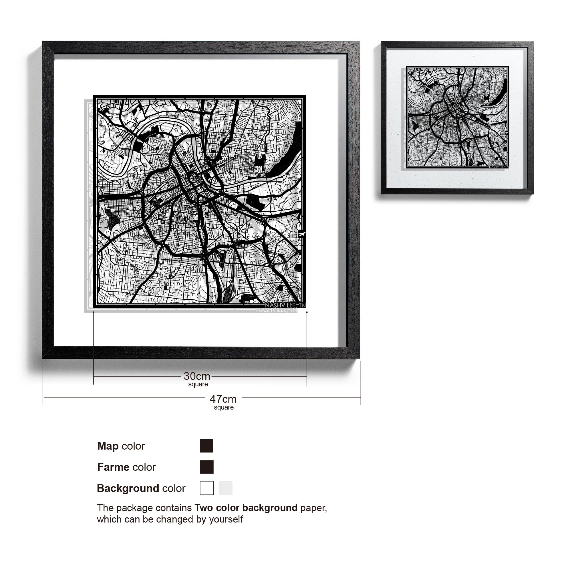 o3designstudio Nashville, TN-Paper-cut-map-framed-18-inch-45MF2039BB