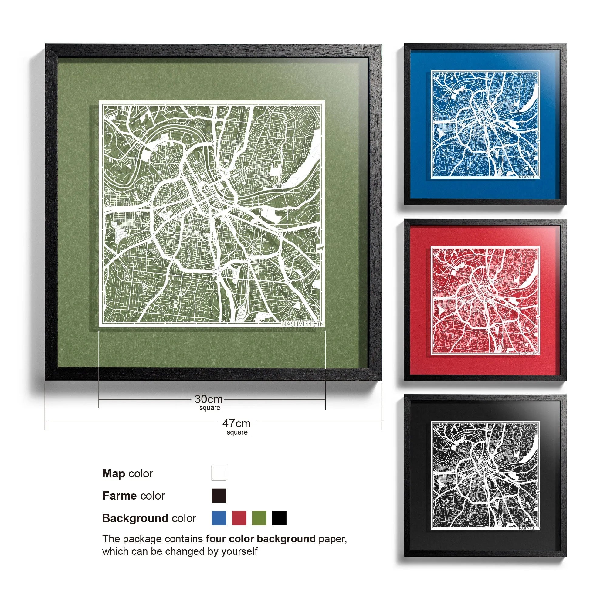 o3designstudio Nashville, TN-Paper-cut-map-framed-18-inch-45MF2039BW