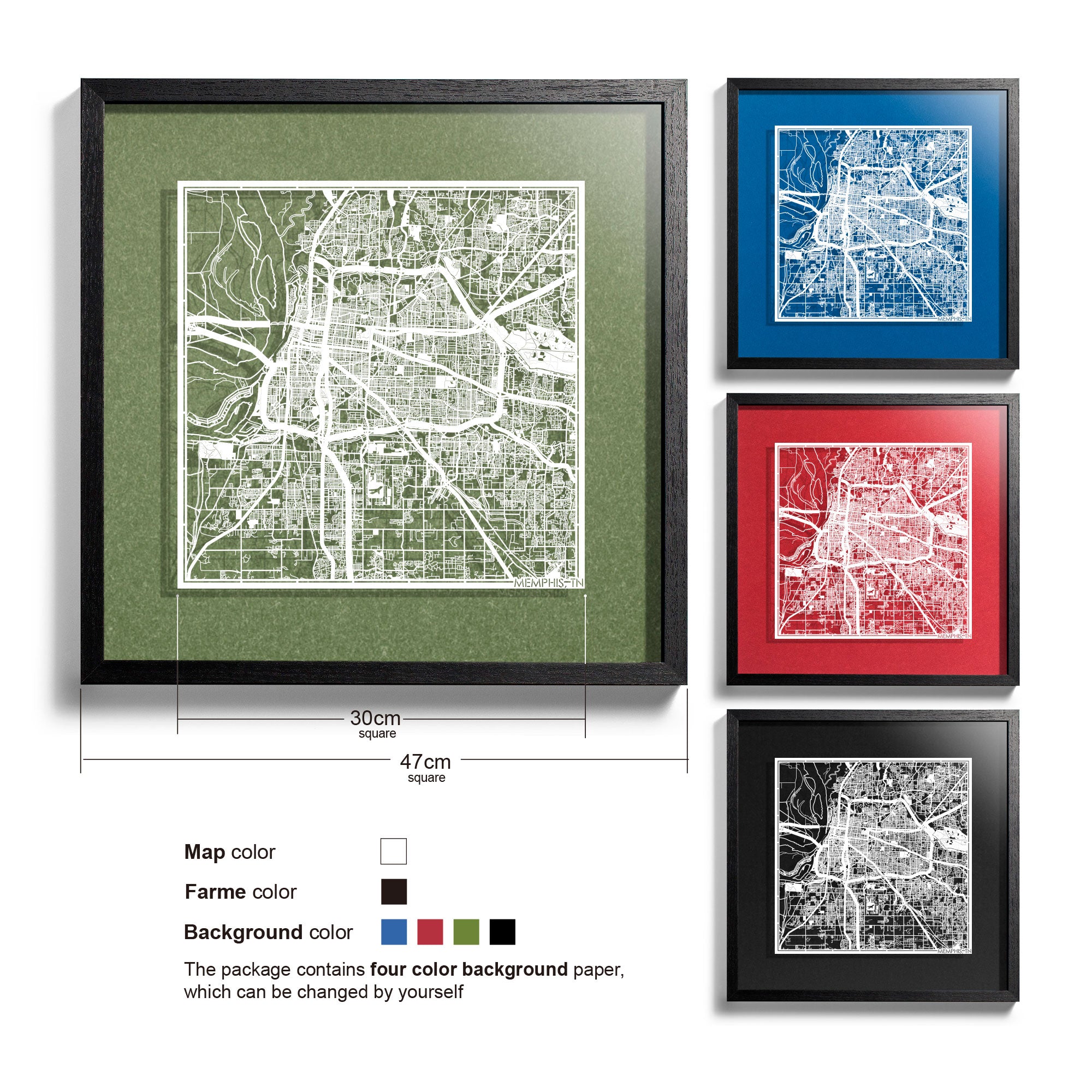 o3designstudio Memphis, TN-Paper-cut-map-framed-18-inch-45MF2042BW