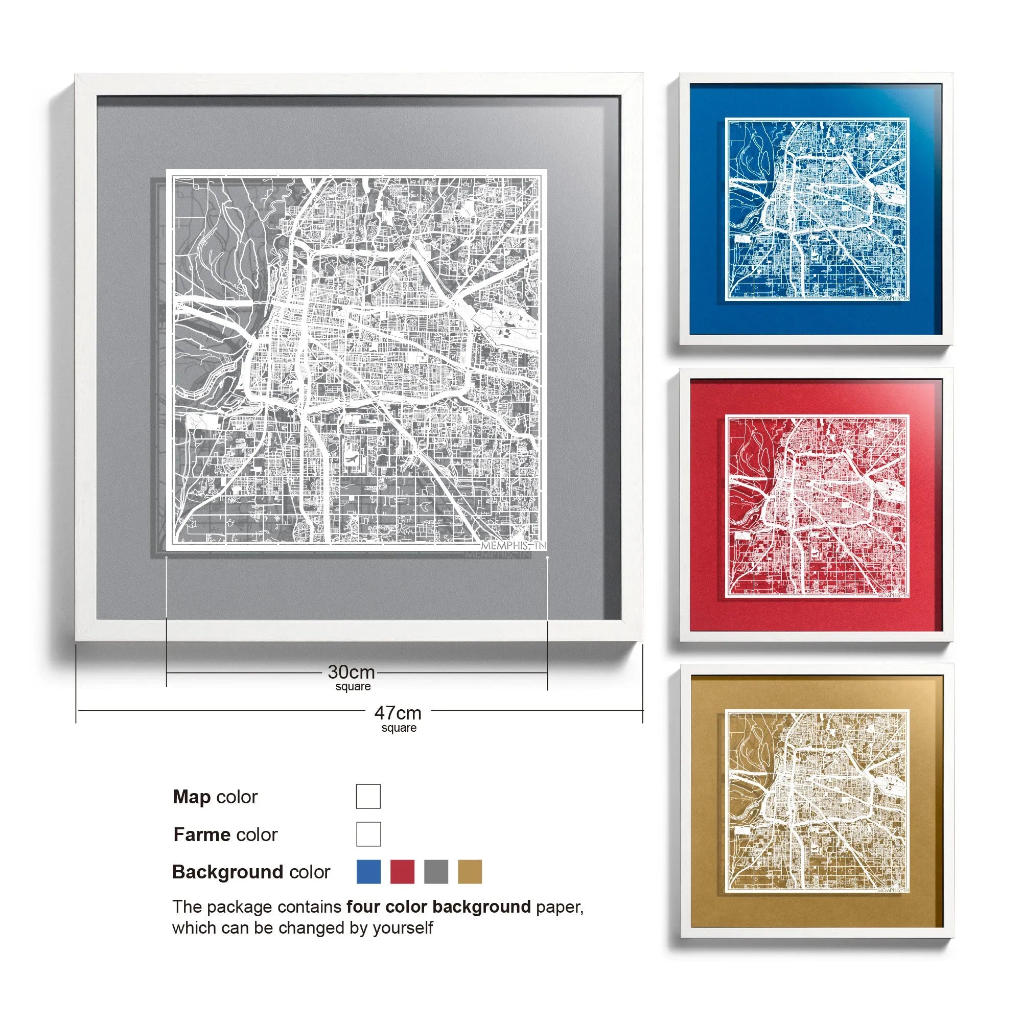 o3designstudio Memphis, TN-Paper-cut-map-framed-18-inch-45MF2042WW
