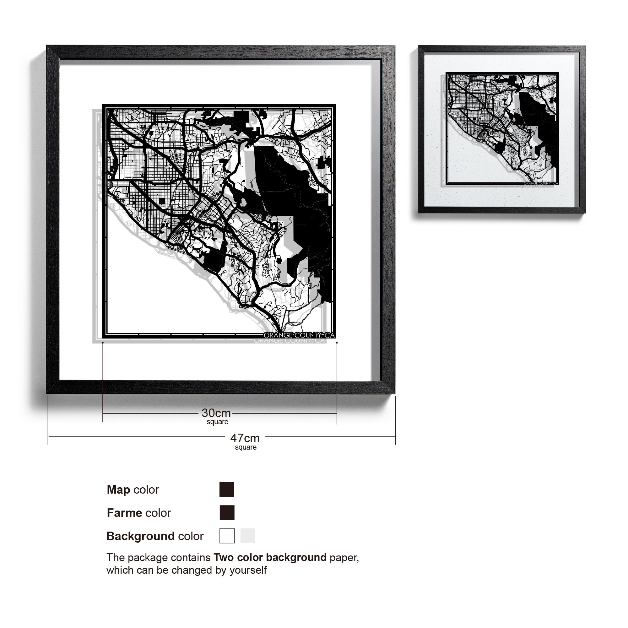 o3designstudio Orange County, CA-Paper-cut-map-framed-18-inch-Black map / Black frame-45MF2043BB