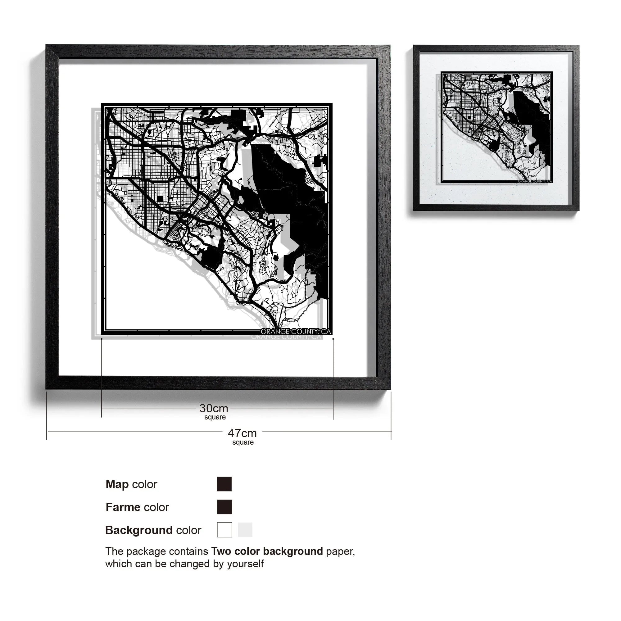 o3designstudio Orange County, CA-Paper-cut-map-framed-18-inch-Black map / Black frame-45MF2043BB