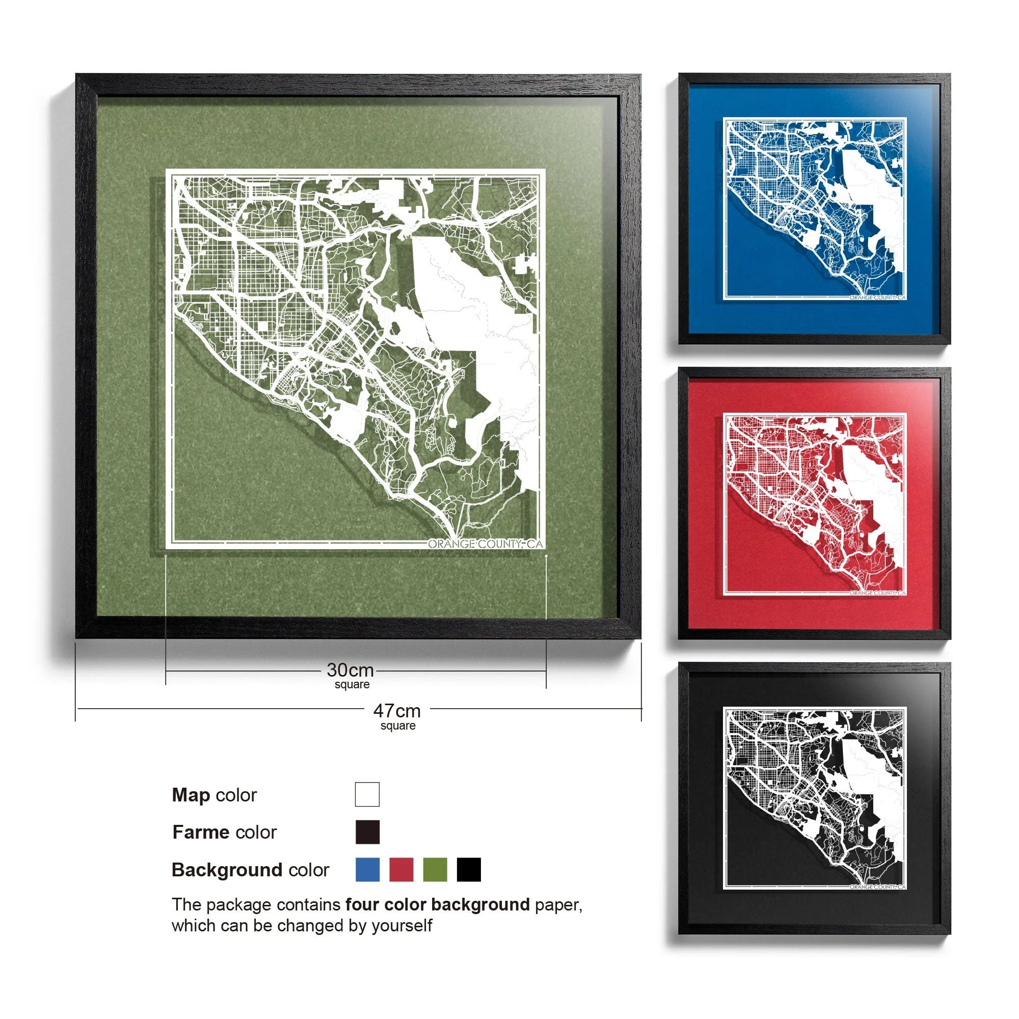 o3designstudio Orange County, CA-Paper-cut-map-framed-18-inch-White map / Black frame-45MF2043BW
