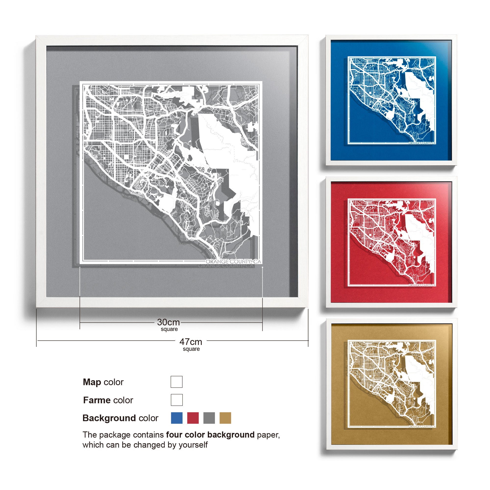 o3designstudio Orange County, CA-Paper-cut-map-framed-18-inch-White map / White frame-45MF2043WW