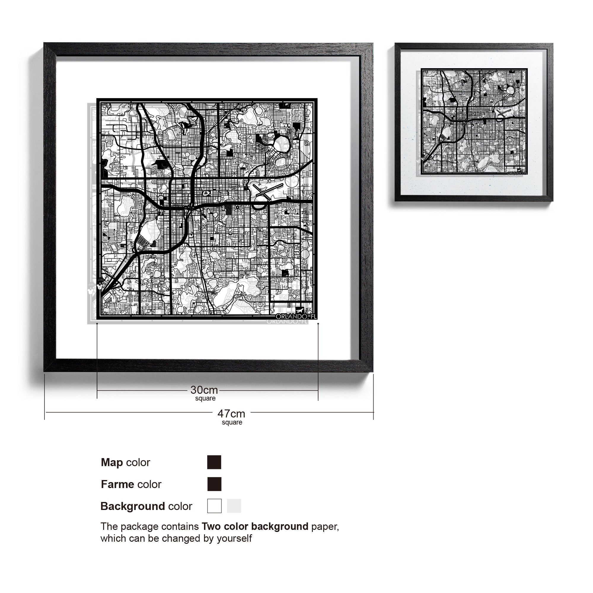 o3designstudio Orlando,FL-Paper-cut-map-framed-18-inch-45MF2050BB