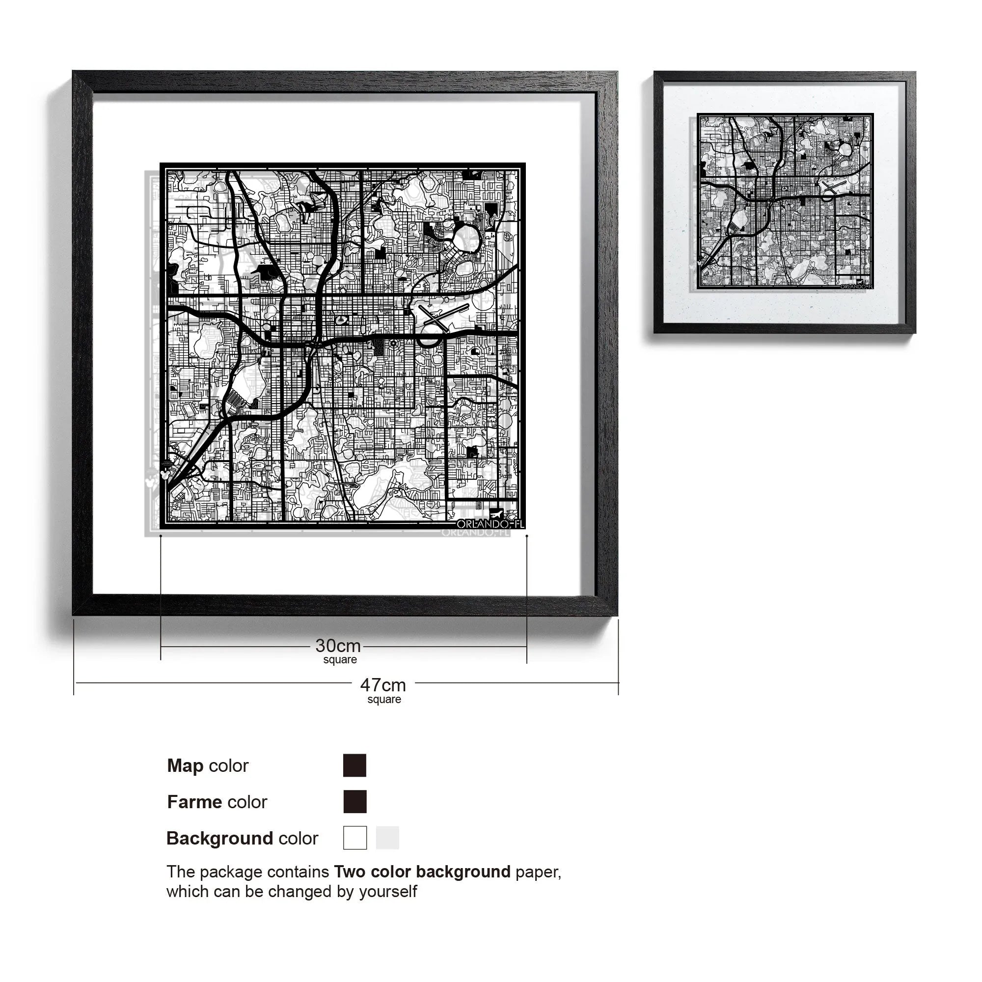 o3designstudio Orlando,FL-Paper-cut-map-framed-18-inch-45MF2050BB