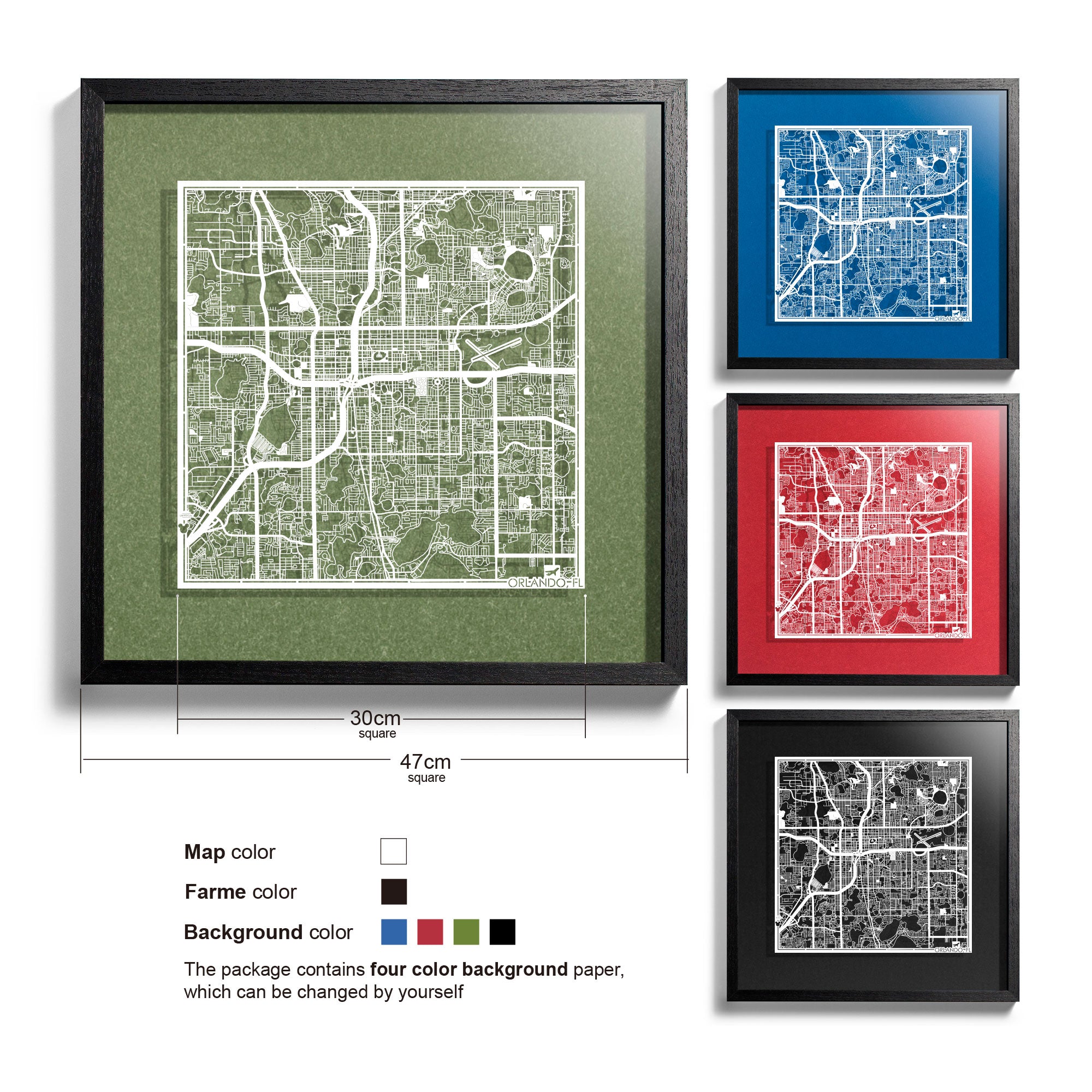 o3designstudio Orlando,FL-Paper-cut-map-framed-18-inch-45MF2050BW