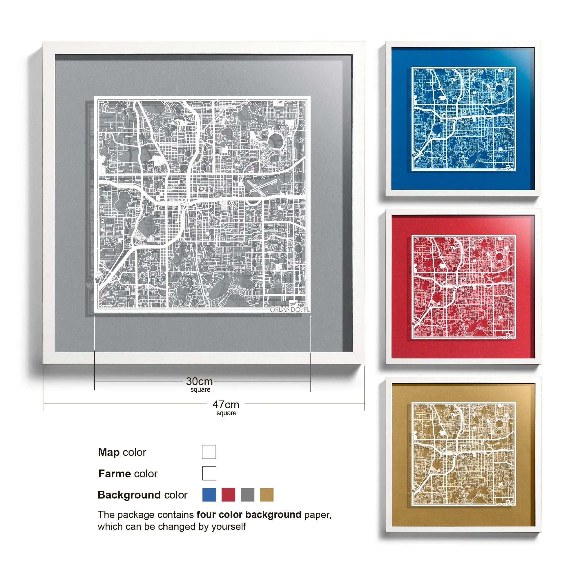 o3designstudio Orlando,FL-Paper-cut-map-framed-18-inch-45MF2050WW