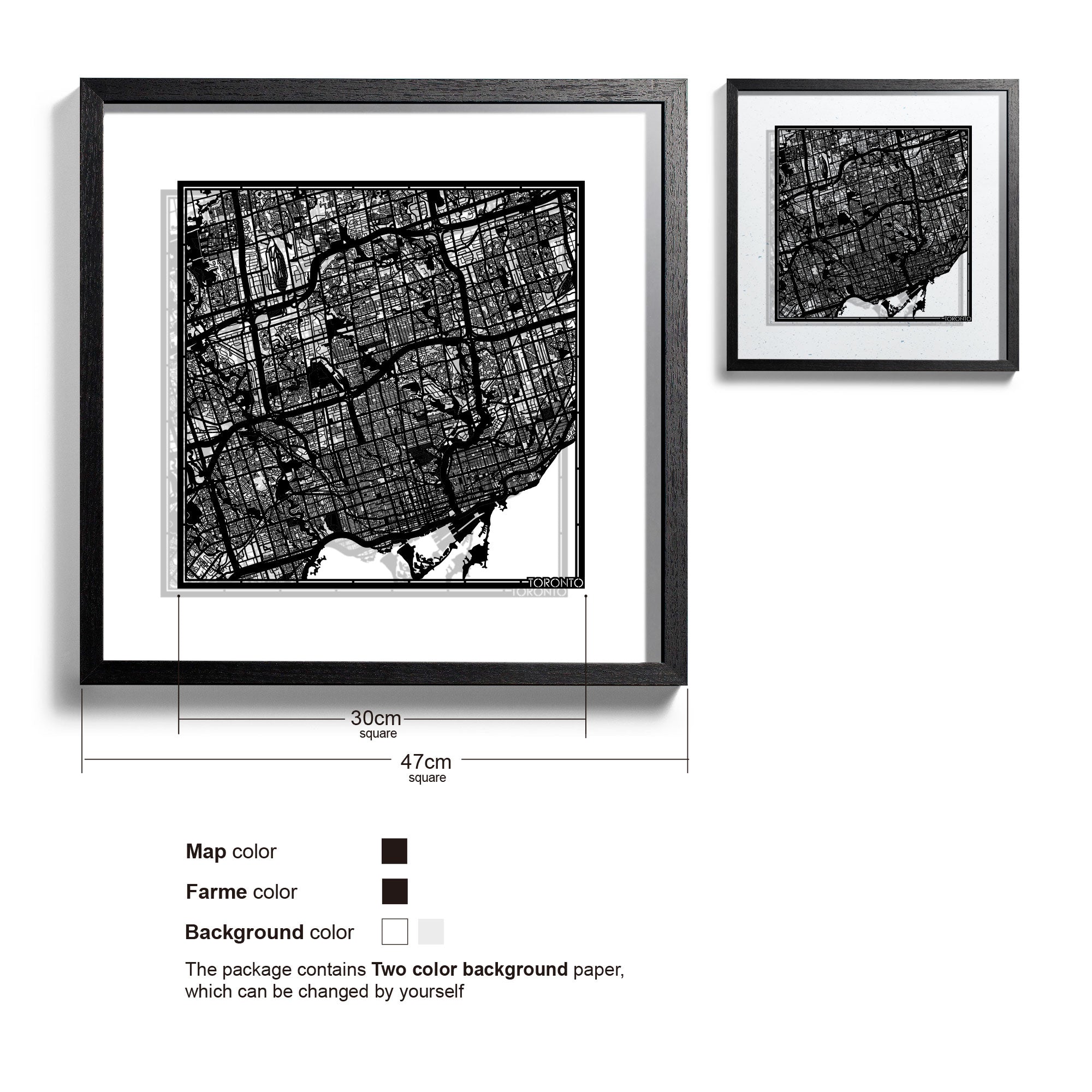 o3designstudio Toronto-Paper-cut-map-framed-18-inch-Black map / Black frame-45MF2201BB