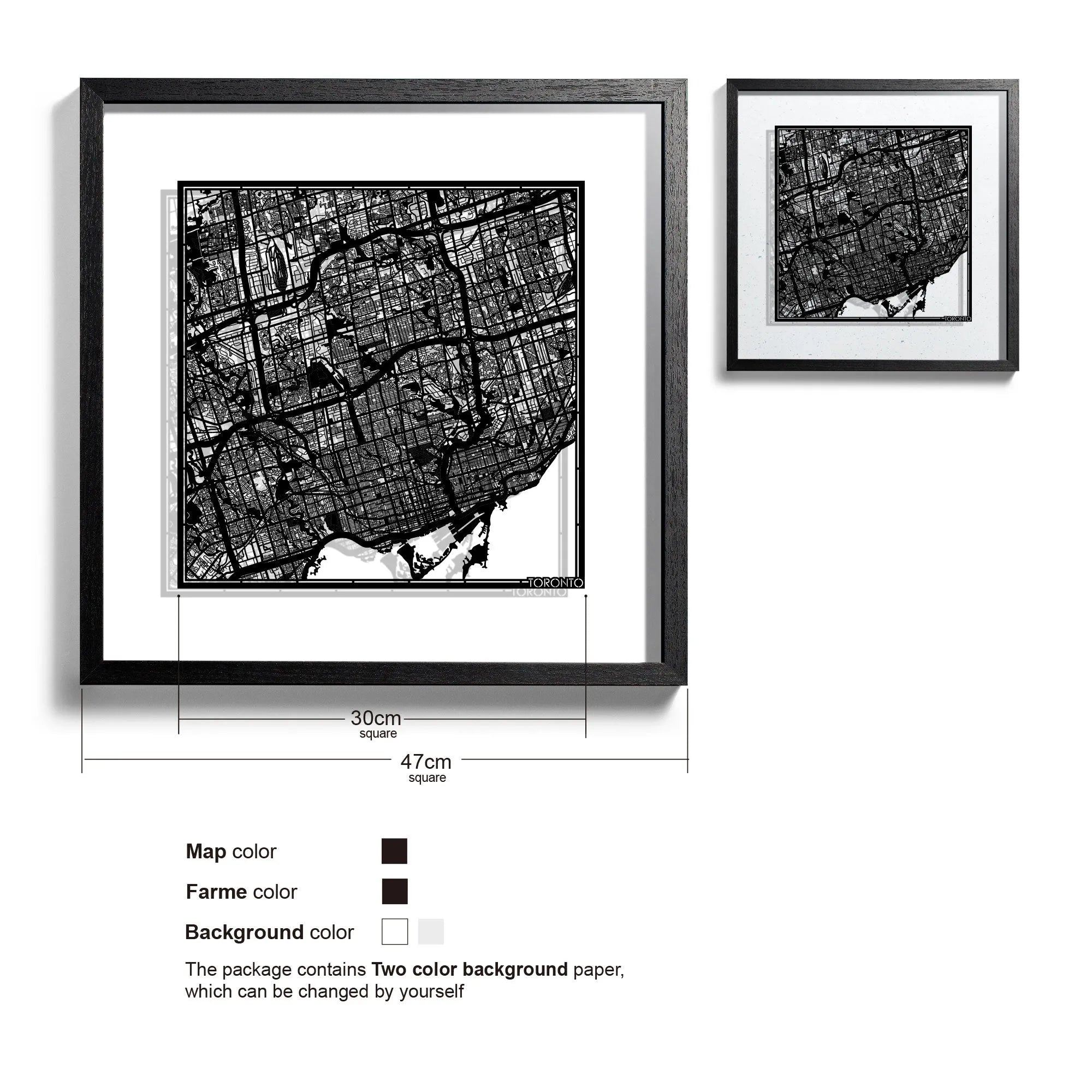o3designstudio Toronto-Paper-cut-map-framed-18-inch-Black map / Black frame-45MF2201BB