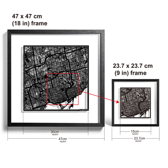 o3designstudio-Toronto-Paper-cut-map-framed-18-inch-Black-map-Black-frame-map-art-45MF2201WW