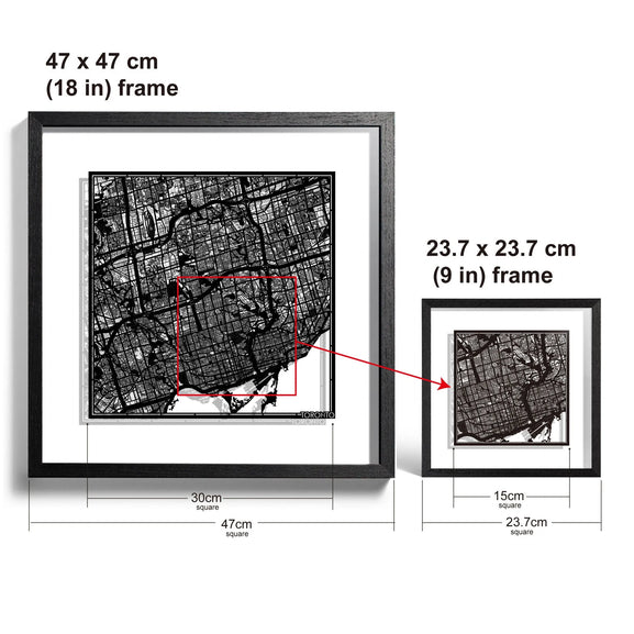 o3designstudio-Toronto-Paper-cut-map-framed-18-inch-Black-map-Black-frame-map-art-45MF2201WW