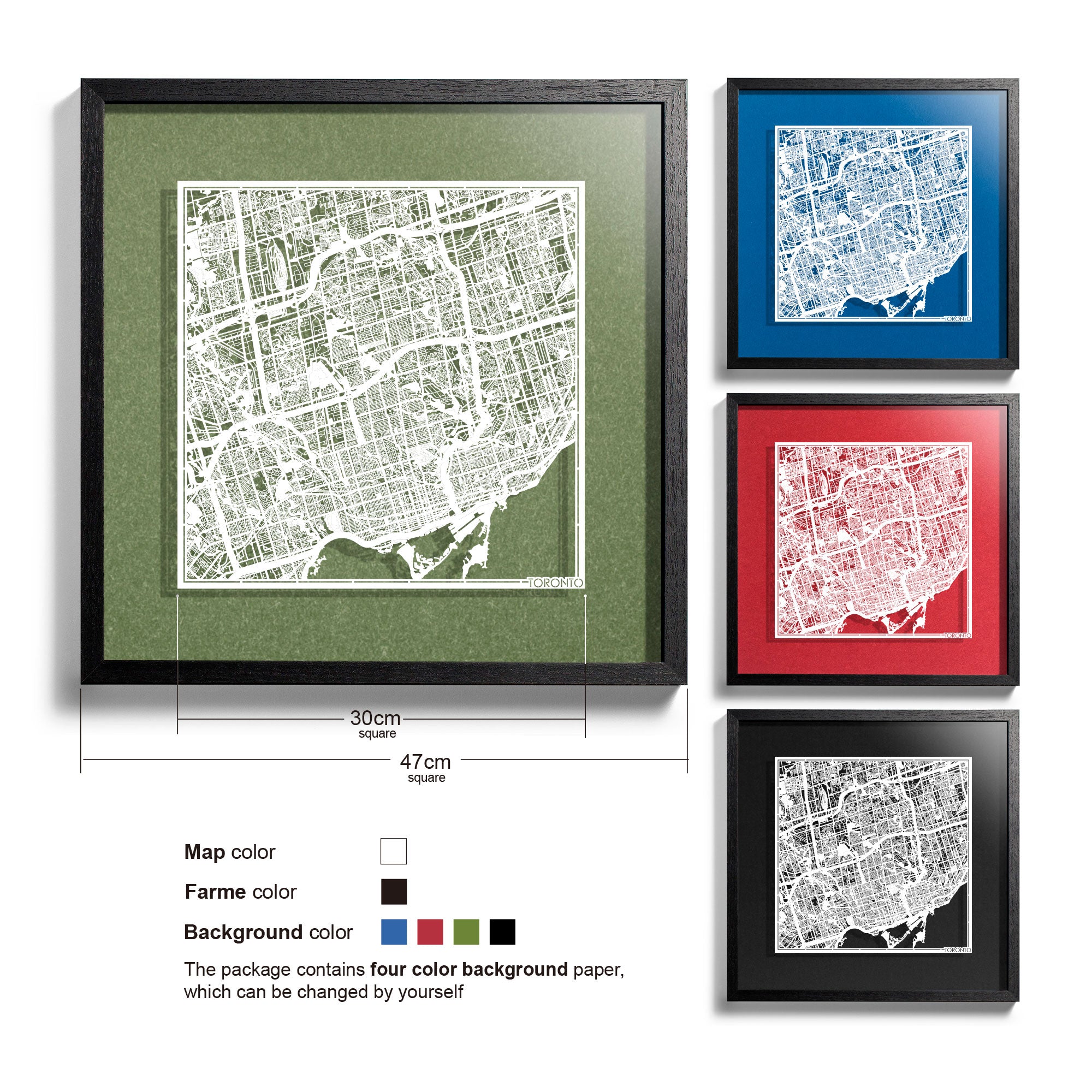 o3designstudio Toronto-Paper-cut-map-framed-18-inch-White map / Black frame-45MF2201BW