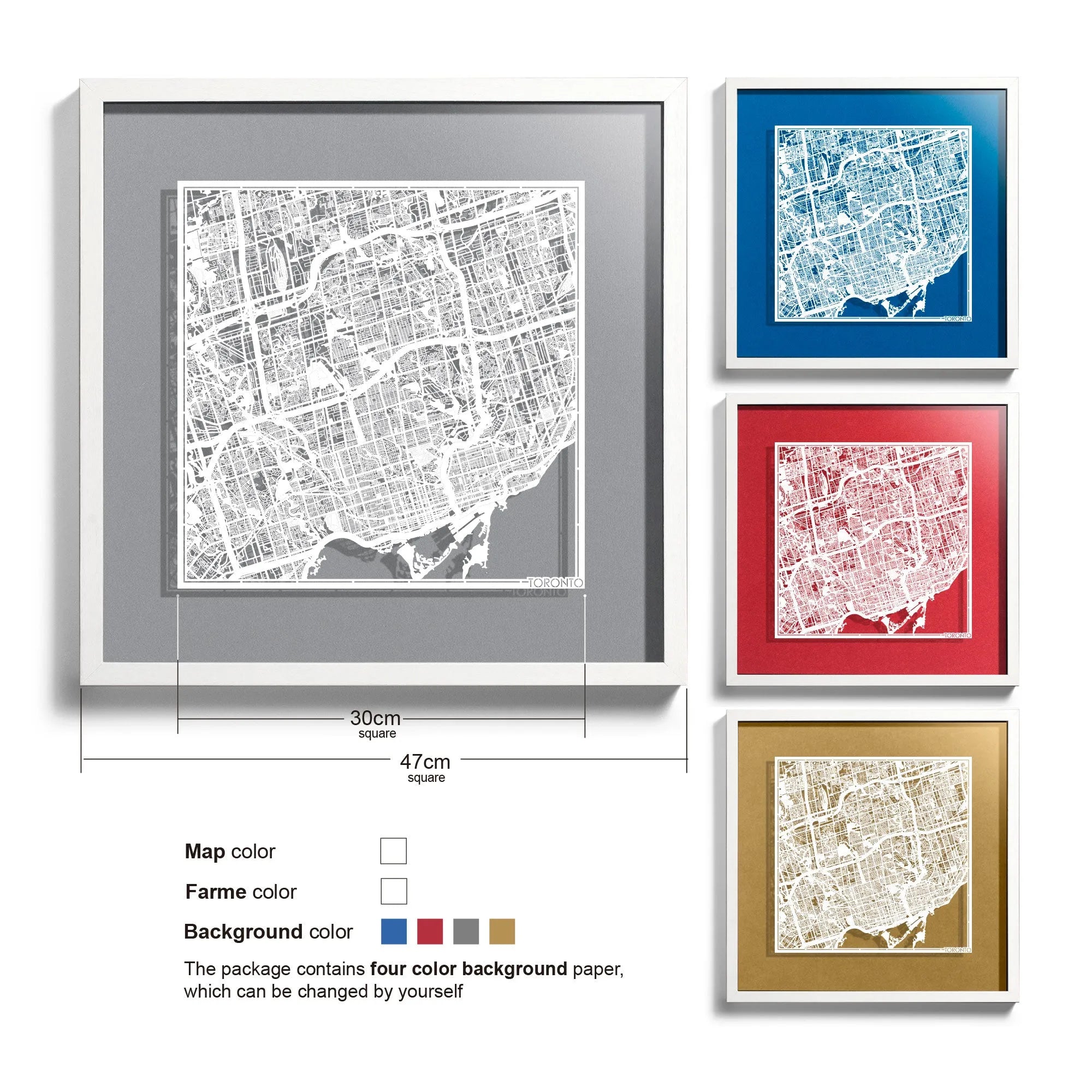 o3designstudio Toronto-Paper-cut-map-framed-18-inch-White map / White frame-45MF2201WW