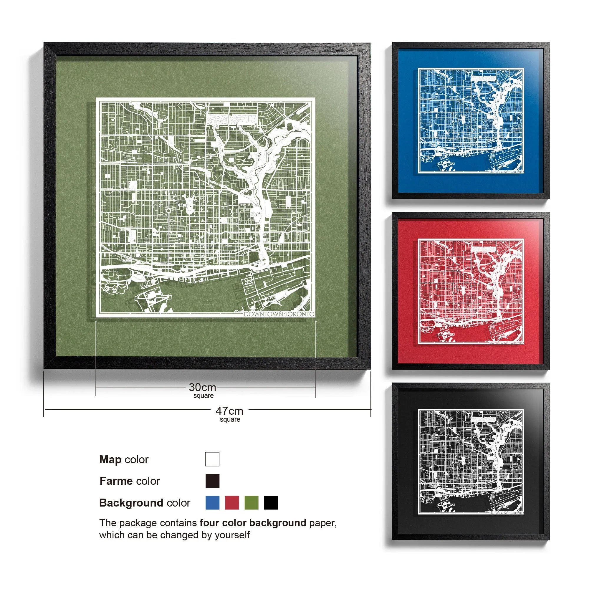 o3designstudio Downtown Toronto-Paper-cut-map-framed-18-inch-White map / Black frame-45MF2202BW