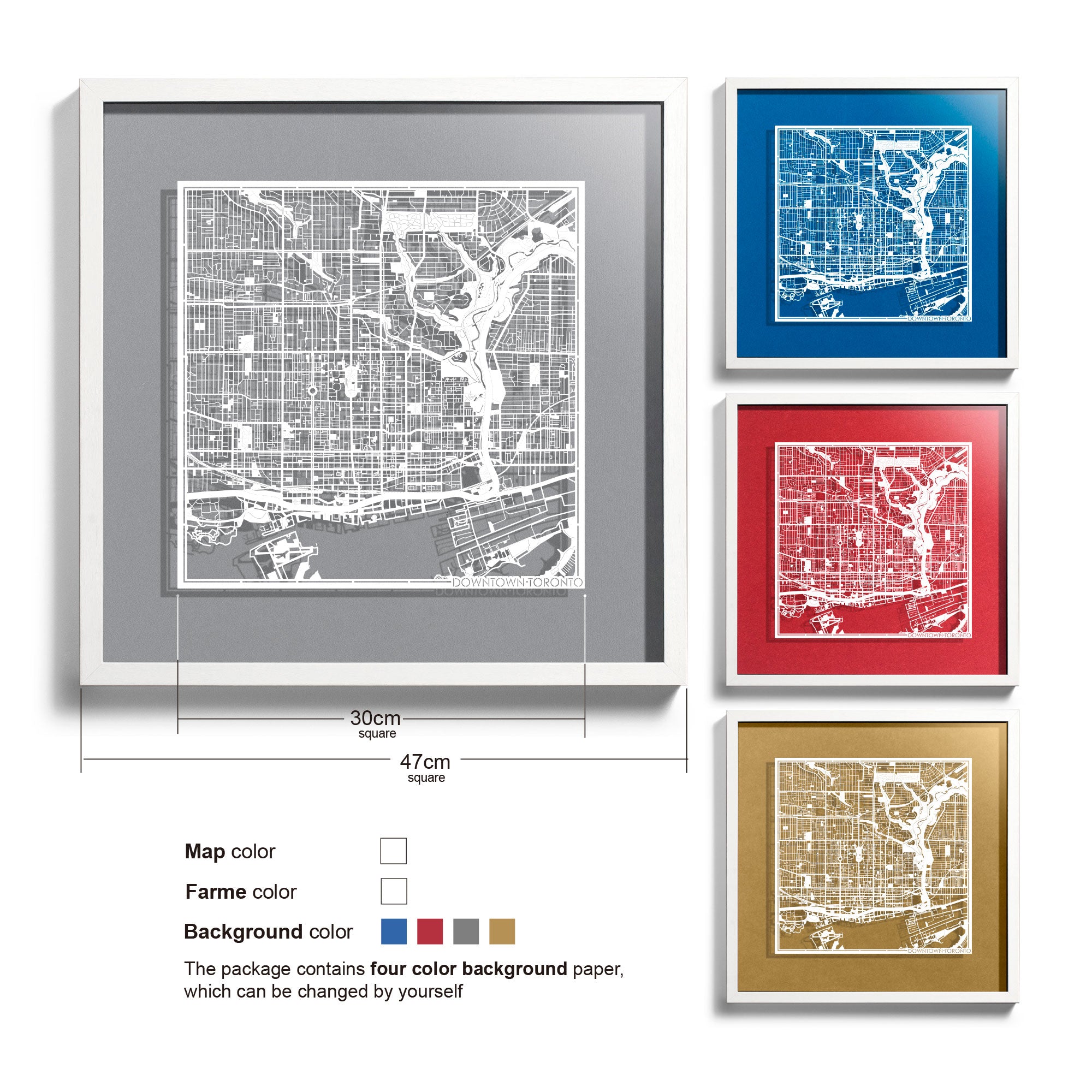 o3designstudio Downtown Toronto-Paper-cut-map-framed-18-inch-White map / White frame-45MF2202WW