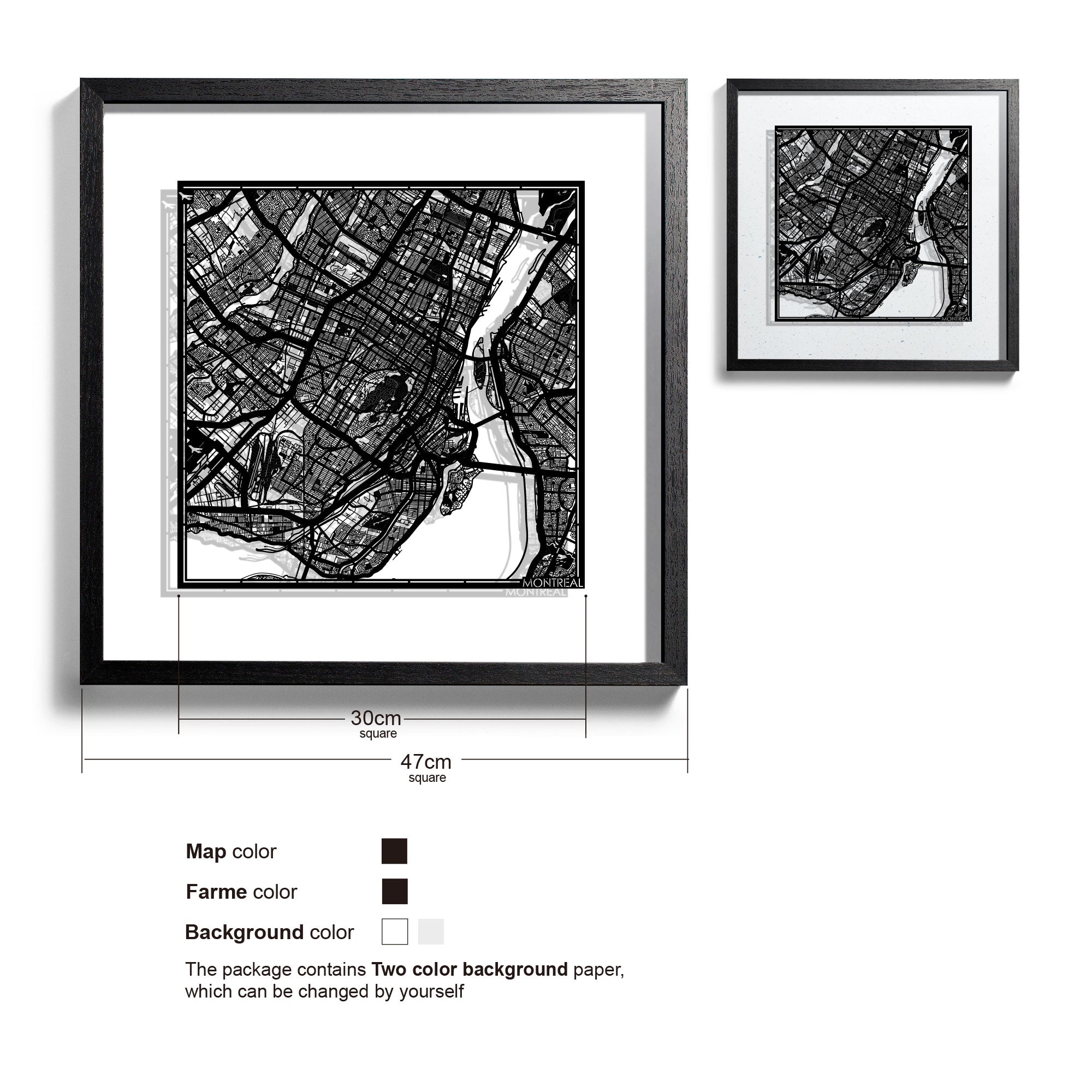 o3designstudio Montreal-Paper-cut-map-framed-18-inch-Black map / Black frame-45MF2203BB