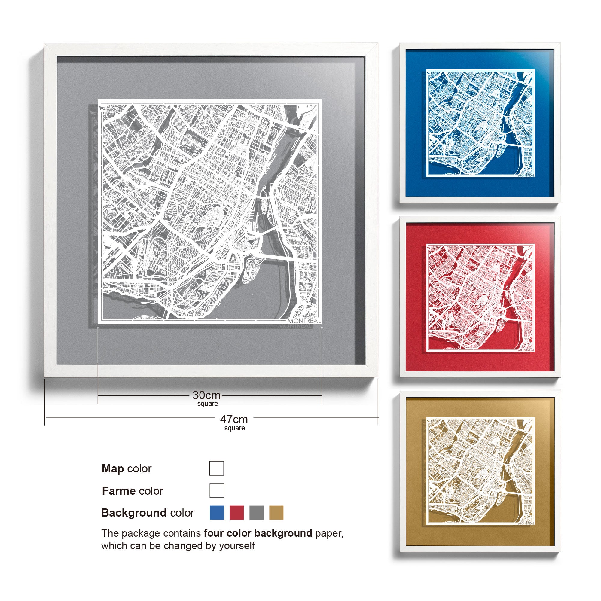 o3designstudio Montreal-Paper-cut-map-framed-18-inch-White map / White frame-45MF2203WW