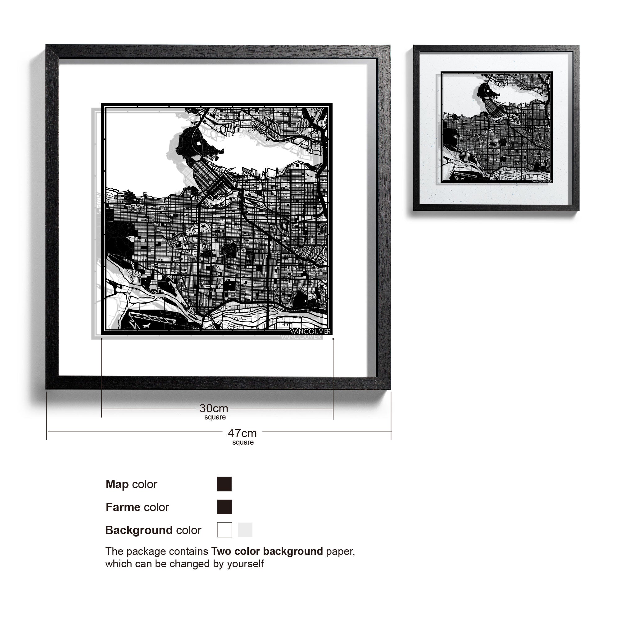 o3designstudio Vancouver-Paper-cut-map-framed-18-inch-Black map / Black frame-45MF2204BB