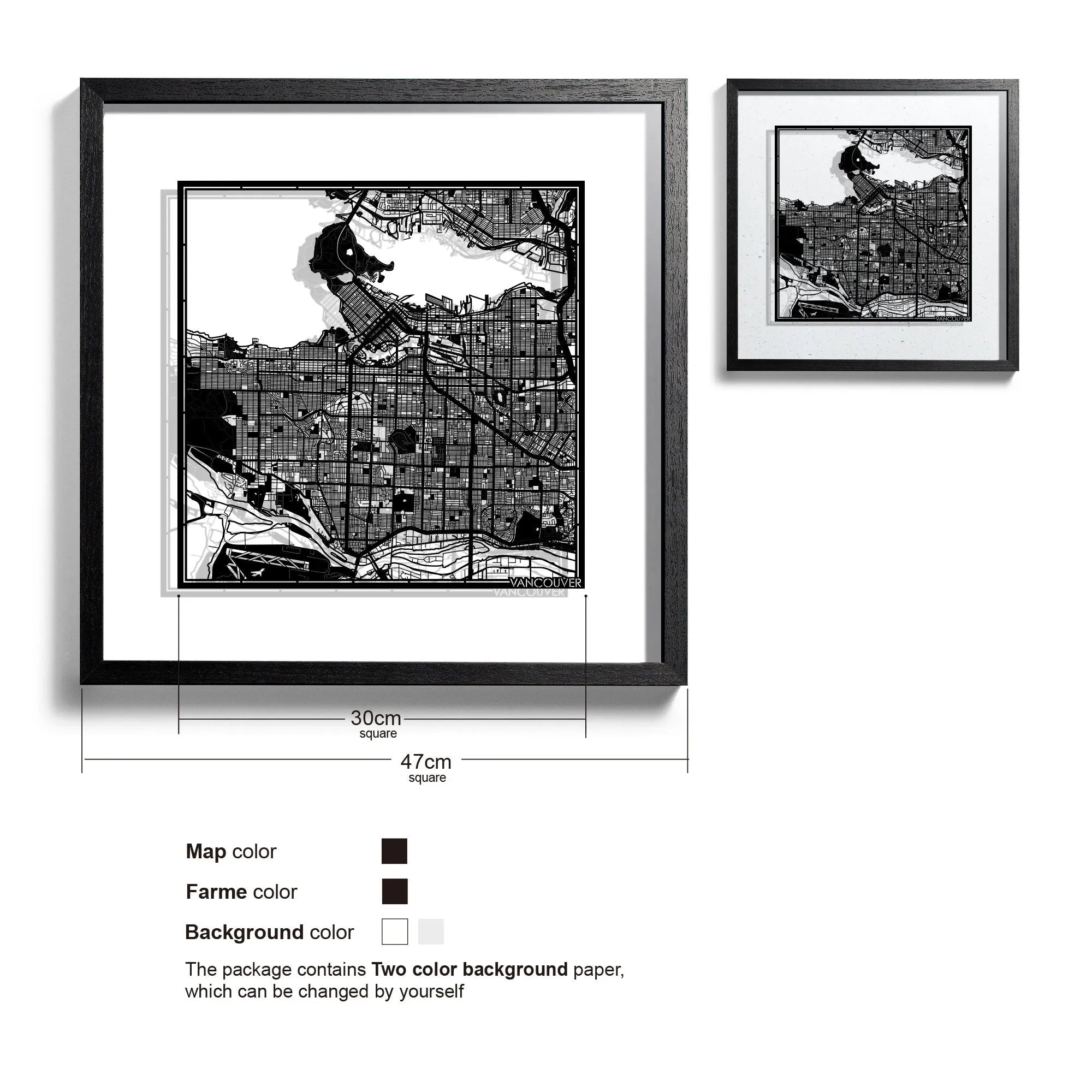 o3designstudio Vancouver-Paper-cut-map-framed-18-inch-Black map / Black frame-45MF2204BB