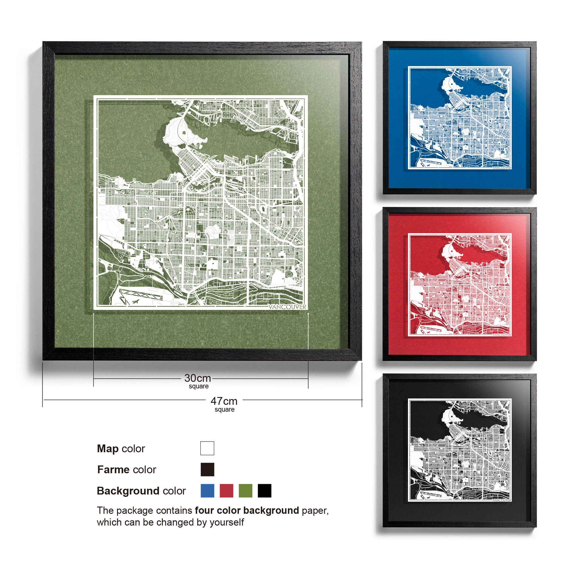 o3designstudio Vancouver-Paper-cut-map-framed-18-inch-White map / Black frame-45MF2204BW