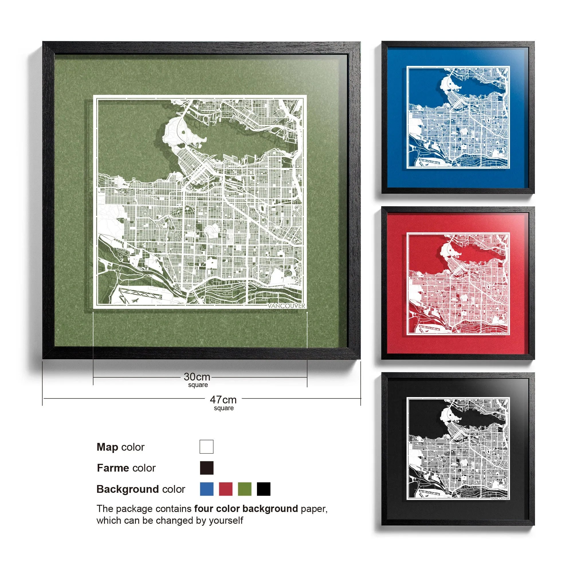 o3designstudio Vancouver-Paper-cut-map-framed-18-inch-White map / Black frame-45MF2204BW
