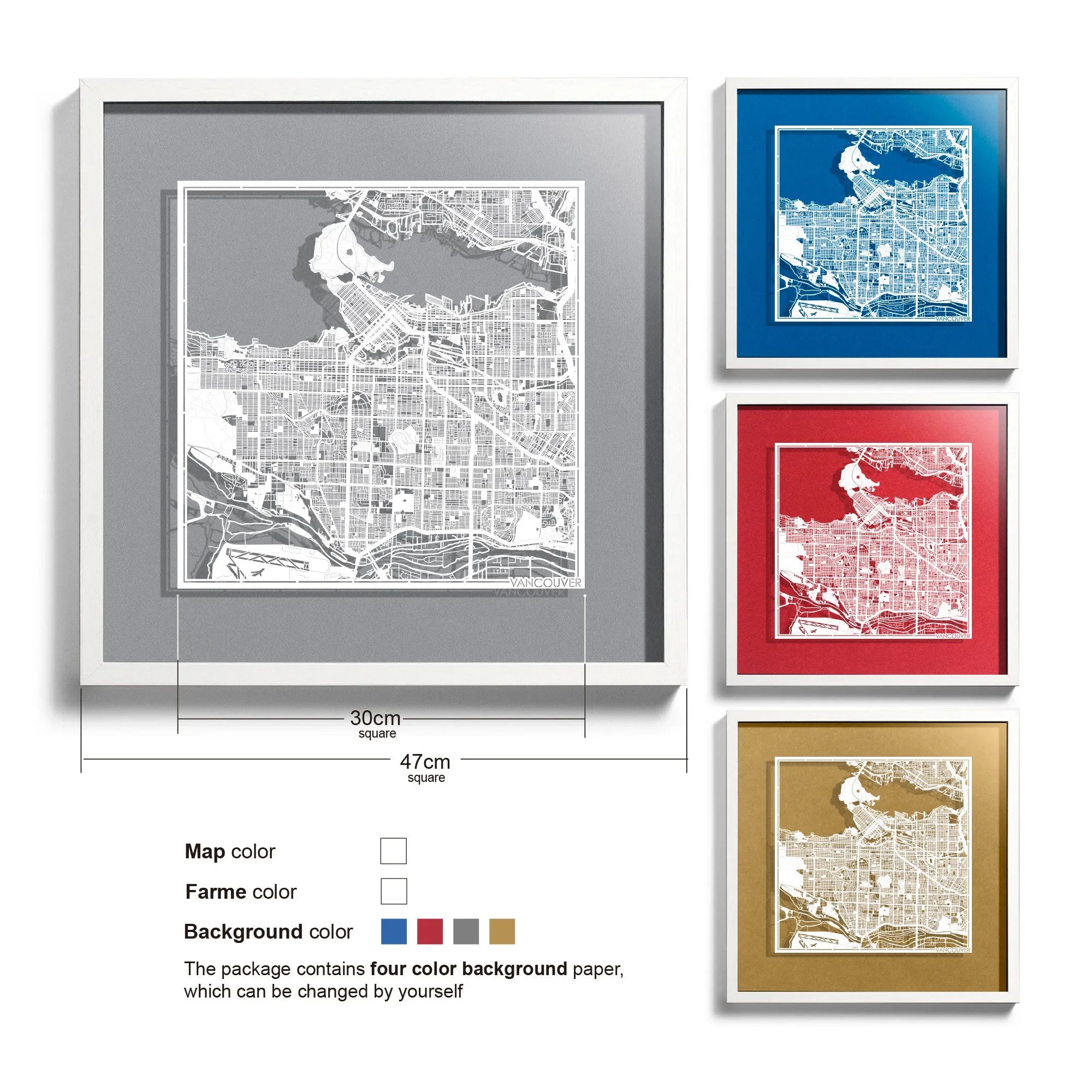 o3designstudio Vancouver-Paper-cut-map-framed-18-inch-White map / White frame-45MF2204WW