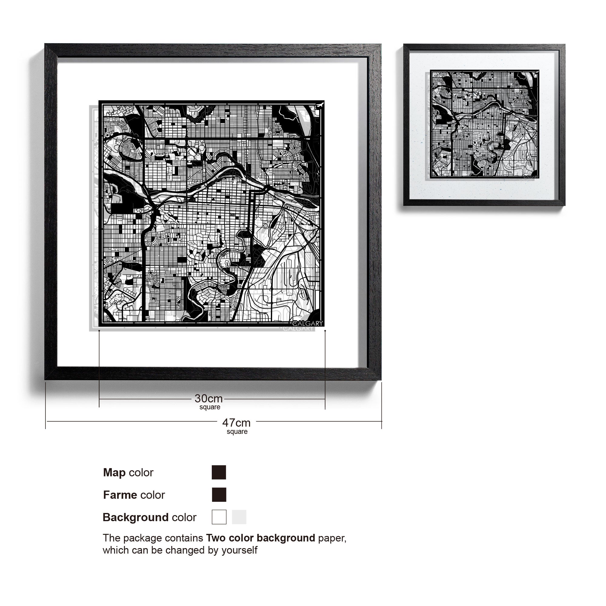 o3designstudio Calgary-Paper-cut-map-framed-18-inch-Black map / Black frame-45MF2205BB