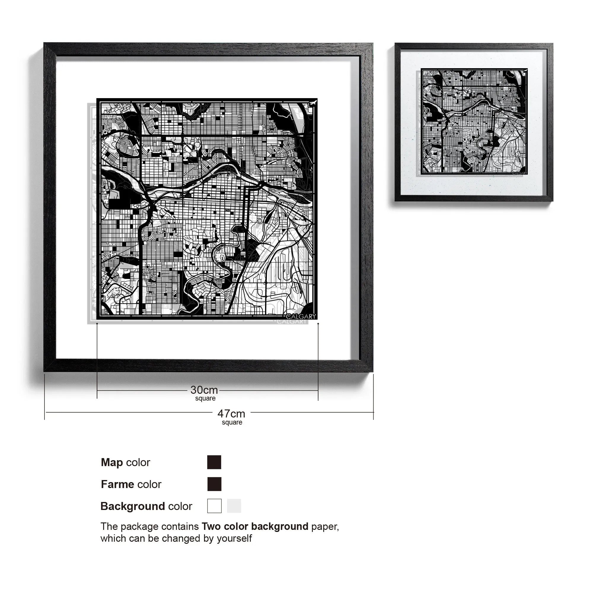 o3designstudio Calgary-Paper-cut-map-framed-18-inch-Black map / Black frame-45MF2205BB