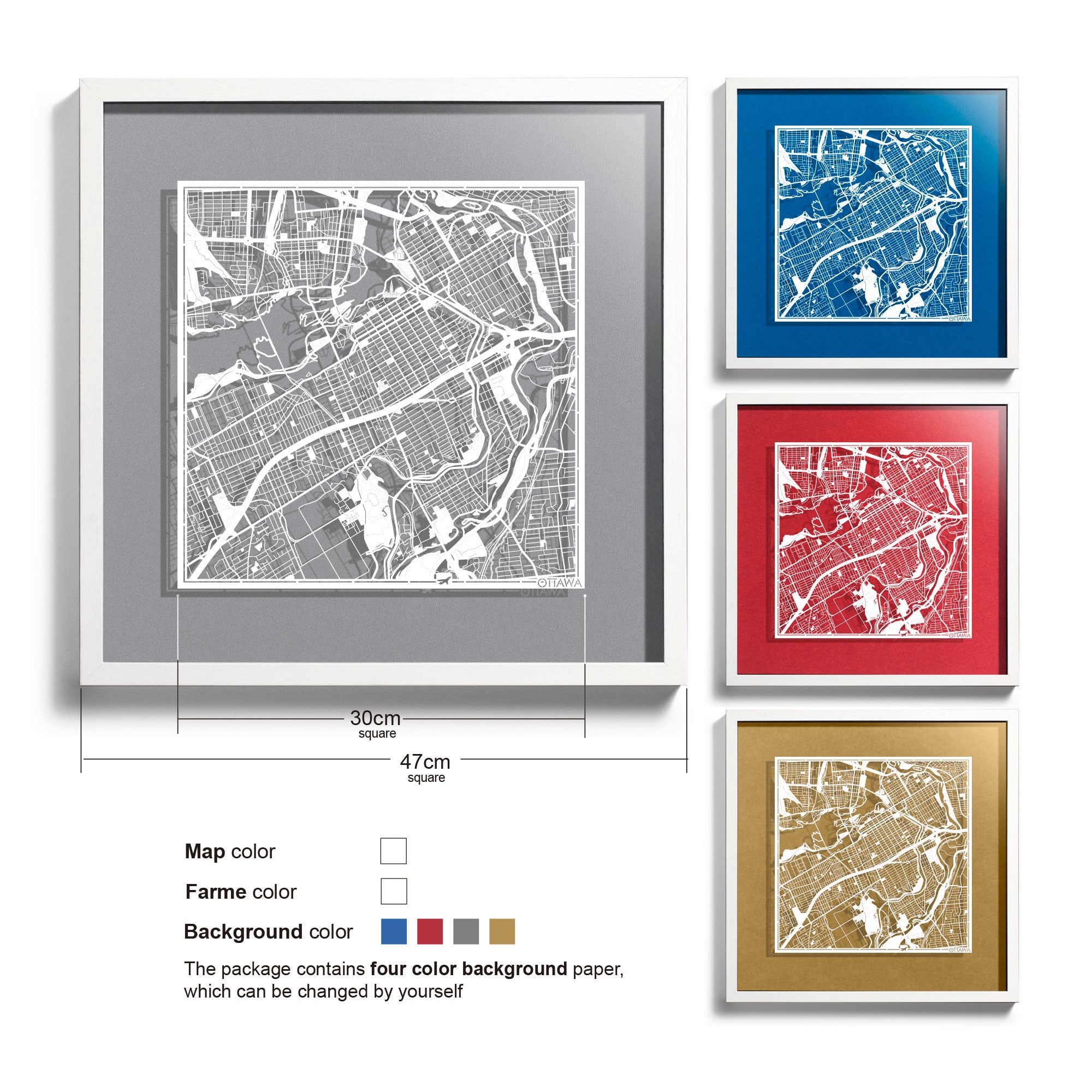 o3designstudio Ottawa-Paper-cut-map-framed-18-inch-White map / White frame-45MF2206WW