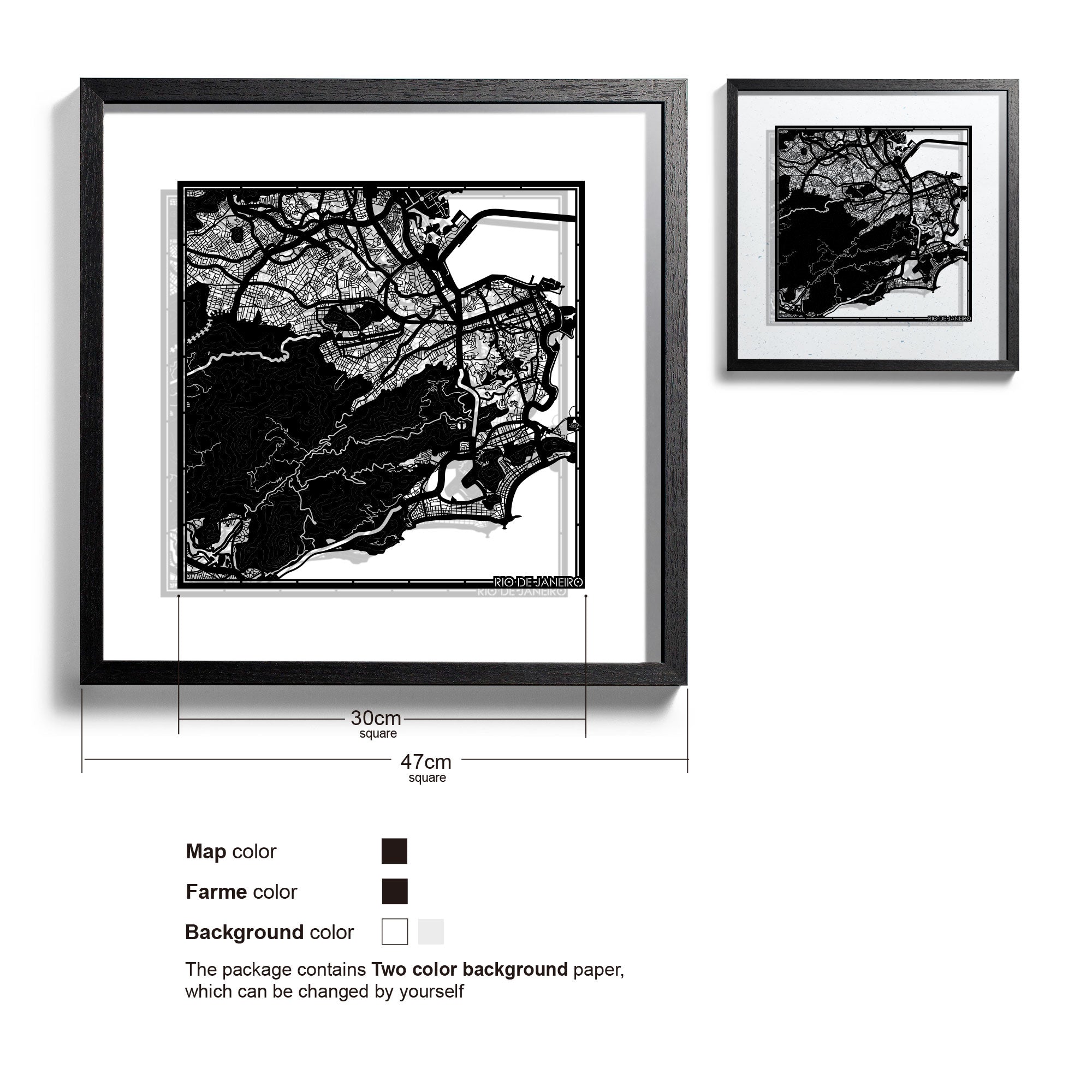 o3designstudio Rio de Janeiro-Paper-cut-map-framed-18-inch-Black map / Black frame-45MF2301BB