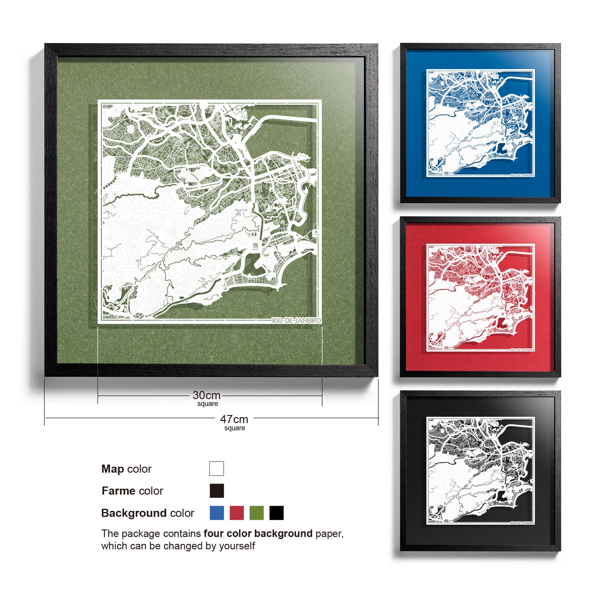o3designstudio Rio de Janeiro-Paper-cut-map-framed-18-inch-White map / Black frame-45MF2301BW
