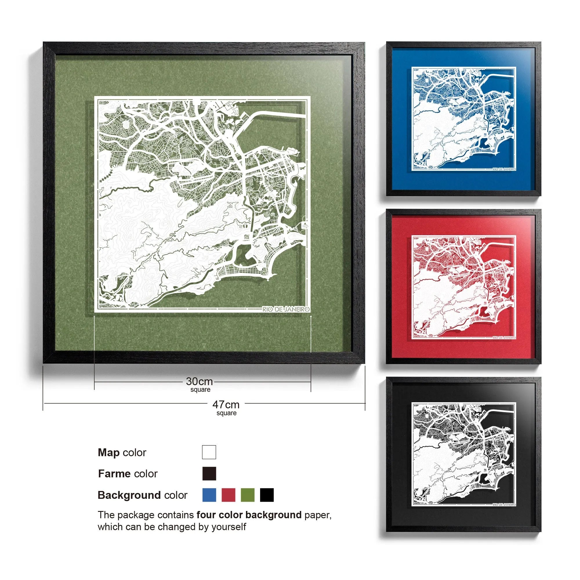 o3designstudio Rio de Janeiro-Paper-cut-map-framed-18-inch-White map / Black frame-45MF2301BW