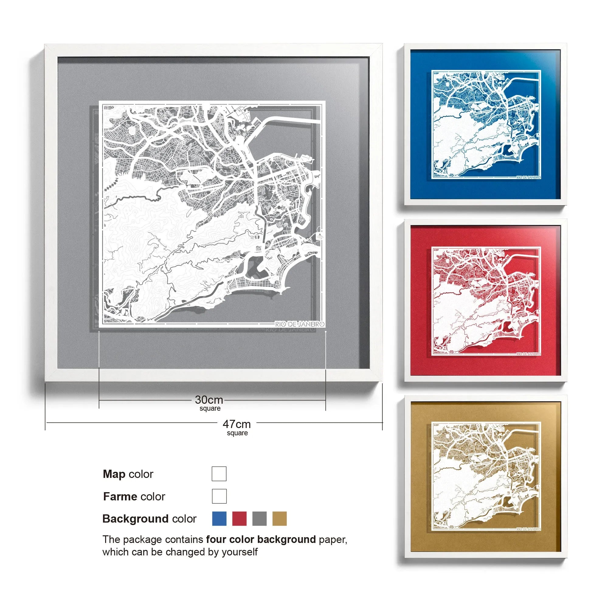 o3designstudio Rio de Janeiro-Paper-cut-map-framed-18-inch-White map / White frame-45MF2301WW