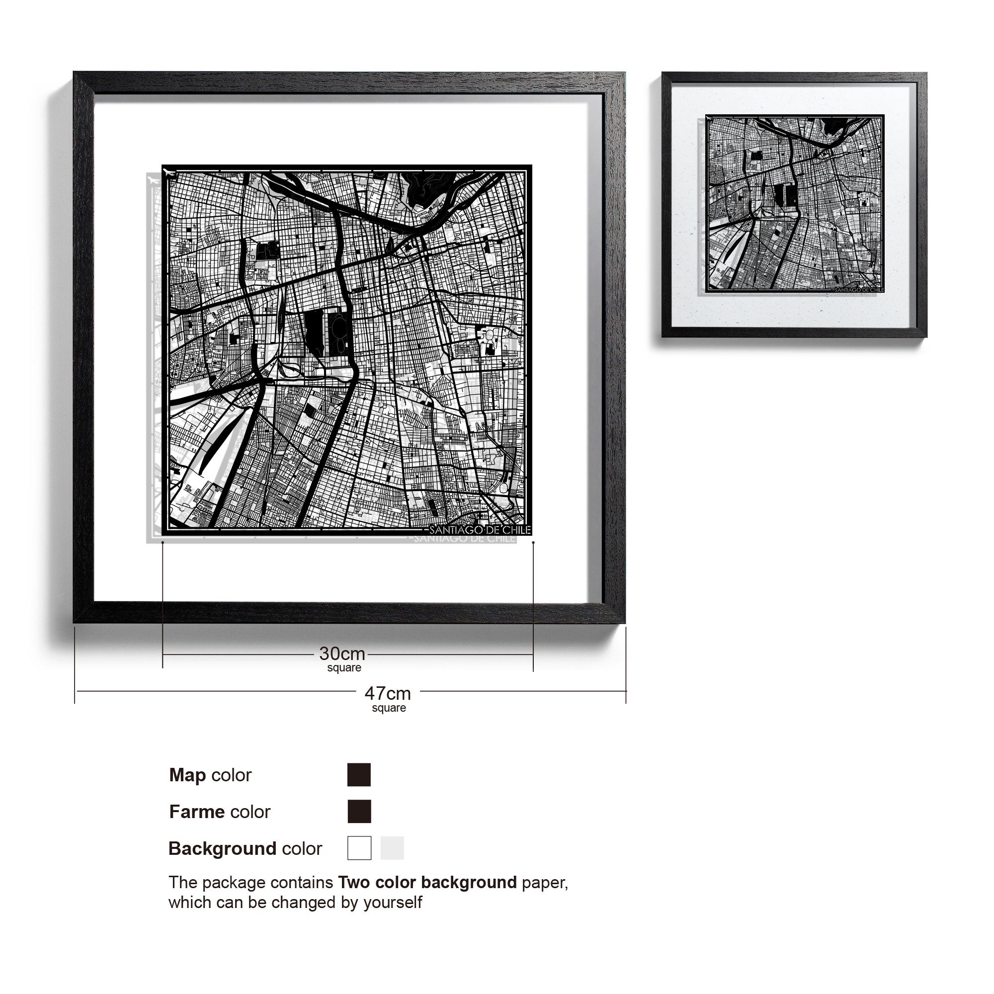 o3designstudio Santiago de Chile-Paper-cut-map-framed-18-inch-Black map / Black frame-45MF2302BB