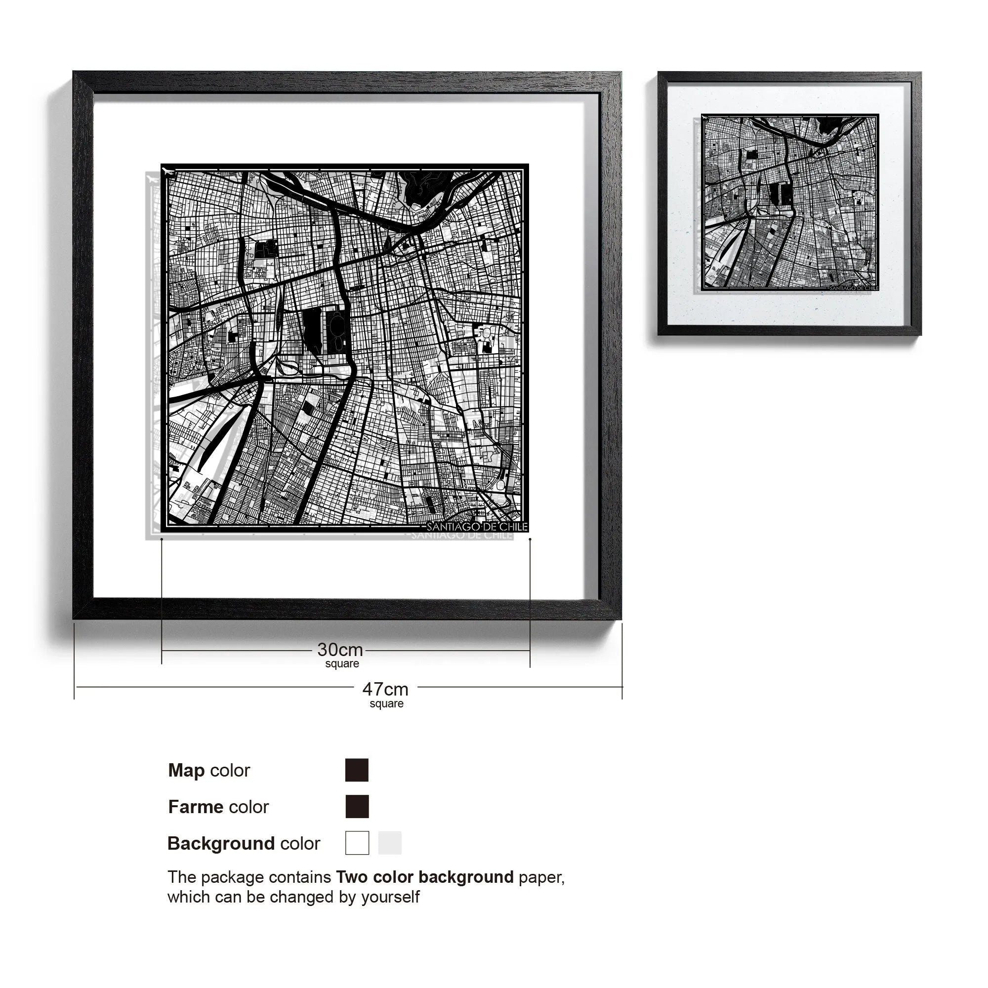 o3designstudio Santiago de Chile-Paper-cut-map-framed-18-inch-Black map / Black frame-45MF2302BB