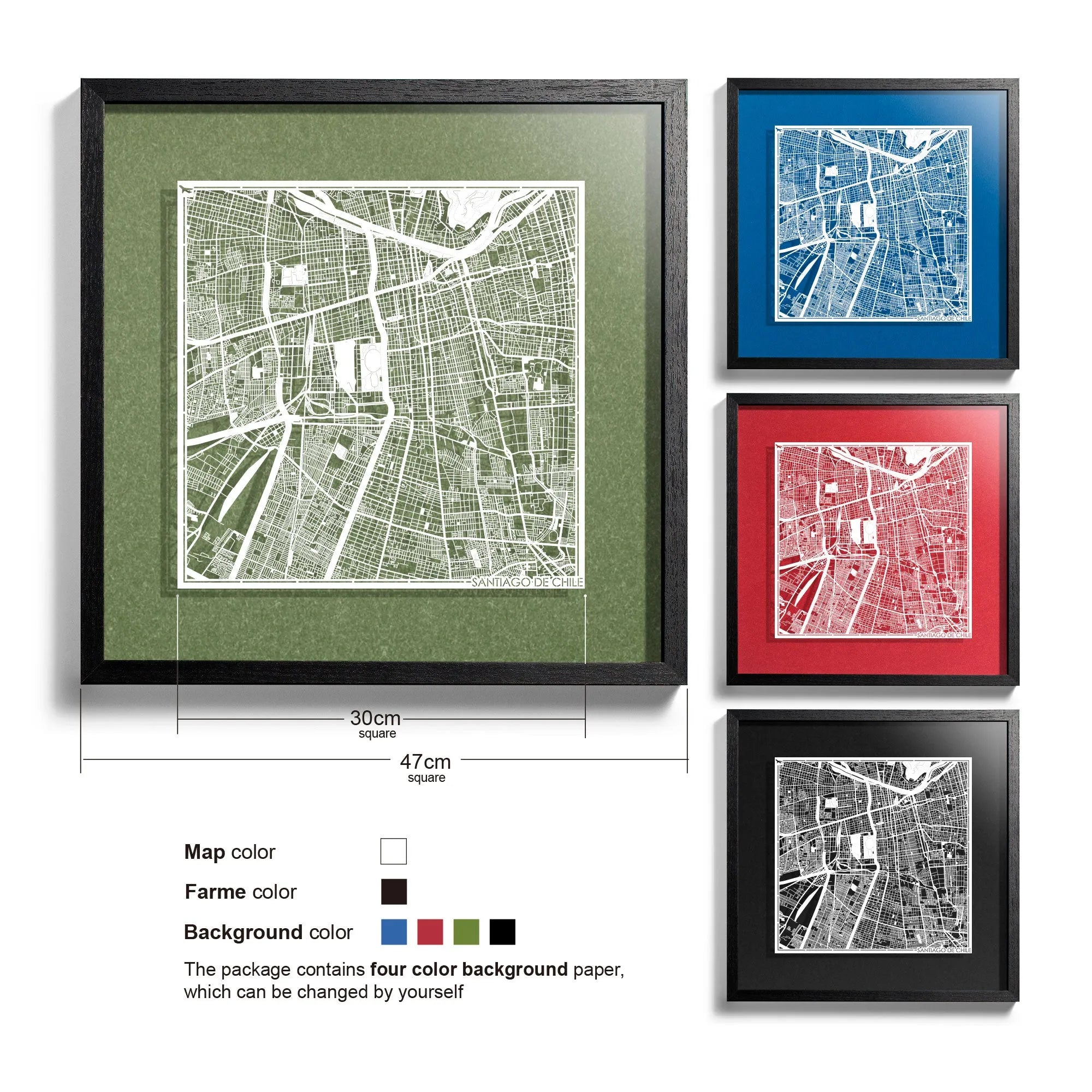 o3designstudio Santiago de Chile-Paper-cut-map-framed-18-inch-White map / Black frame-45MF2302BW