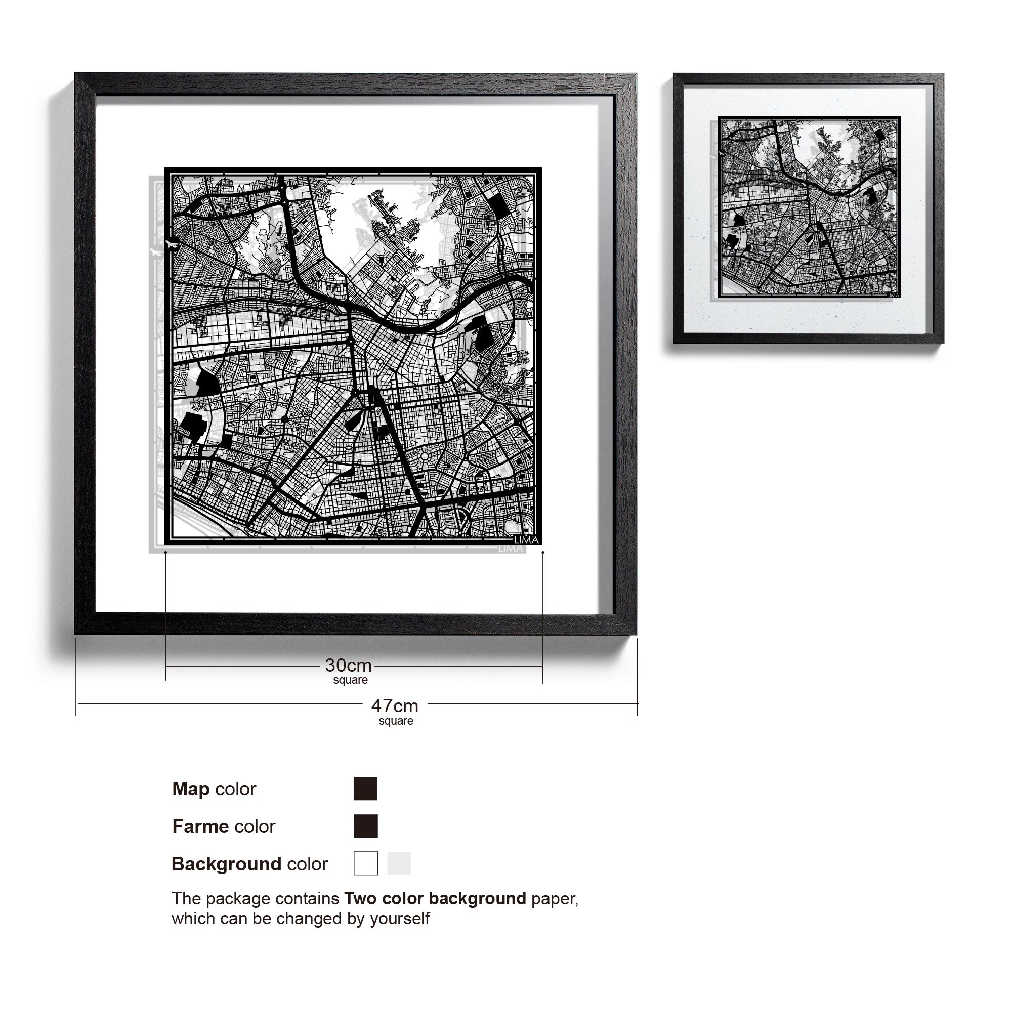 o3designstudio Lima-Paper-cut-map-framed-18-inch-Black map / Black frame-45MF2303BB