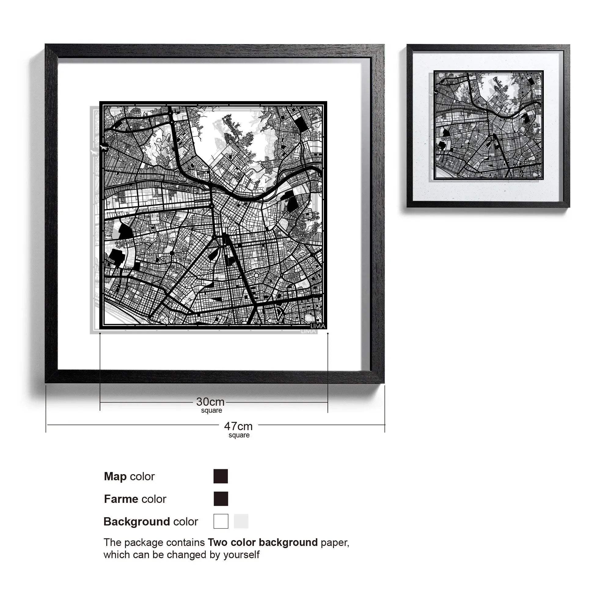 o3designstudio Lima-Paper-cut-map-framed-18-inch-Black map / Black frame-45MF2303BB