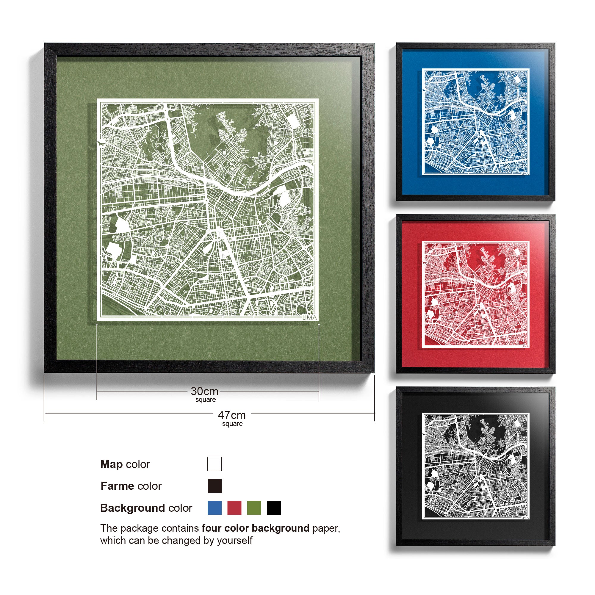 o3designstudio Lima-Paper-cut-map-framed-18-inch-White map / Black frame-45MF2303BW