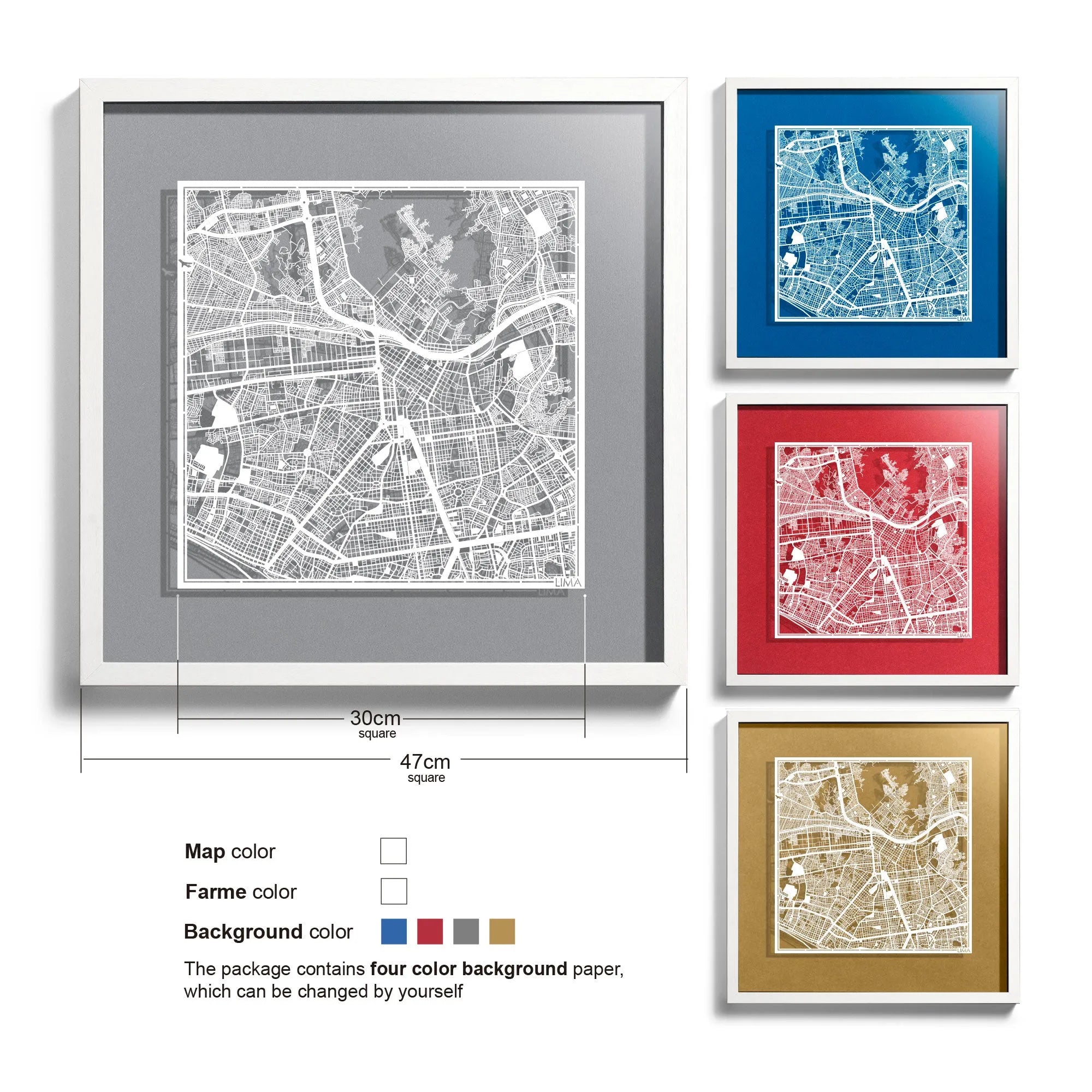 o3designstudio Lima-Paper-cut-map-framed-18-inch-White map / White frame-45MF2303WW