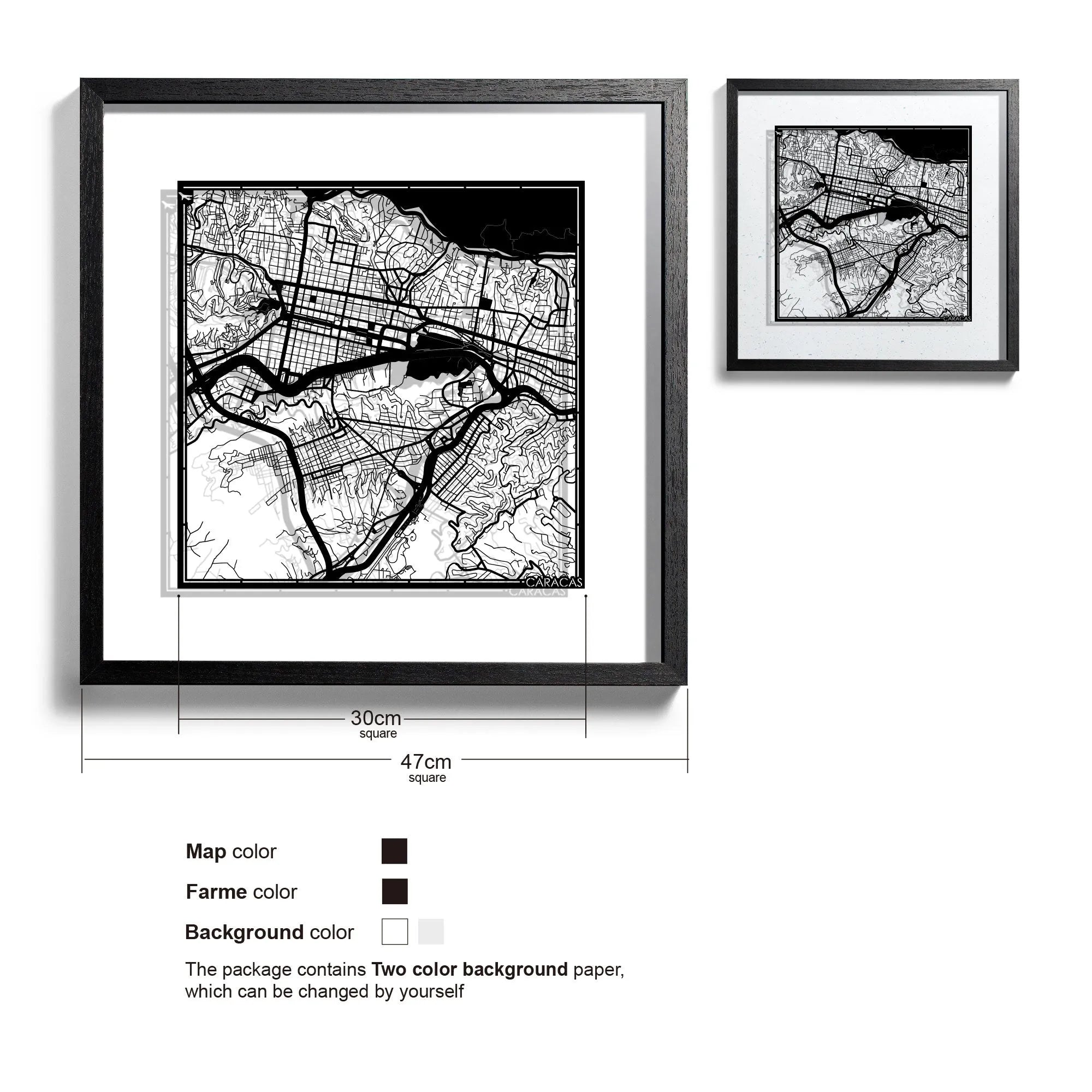 o3designstudio Caracas-Paper-cut-map-framed-18-inch-Black map / Black frame-45MF2304BB