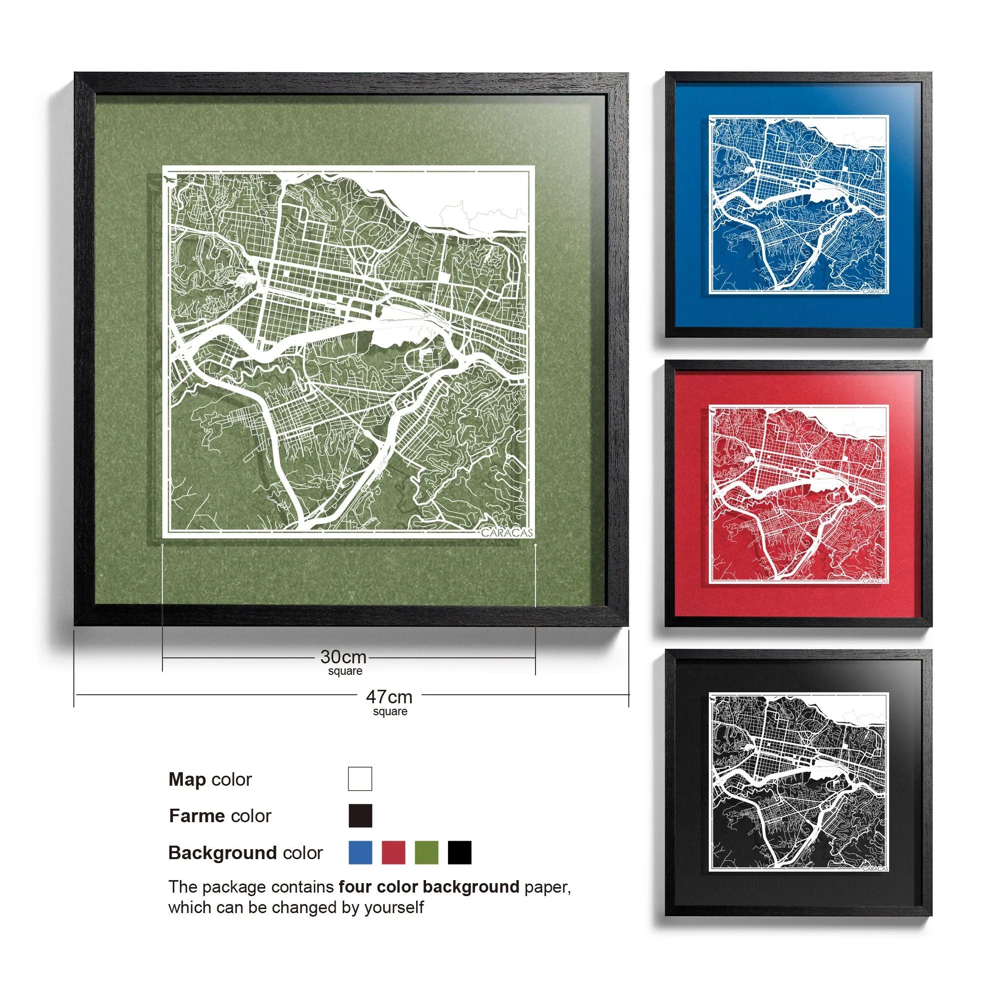 o3designstudio Caracas-Paper-cut-map-framed-18-inch-White map / Black frame-45MF2304BW