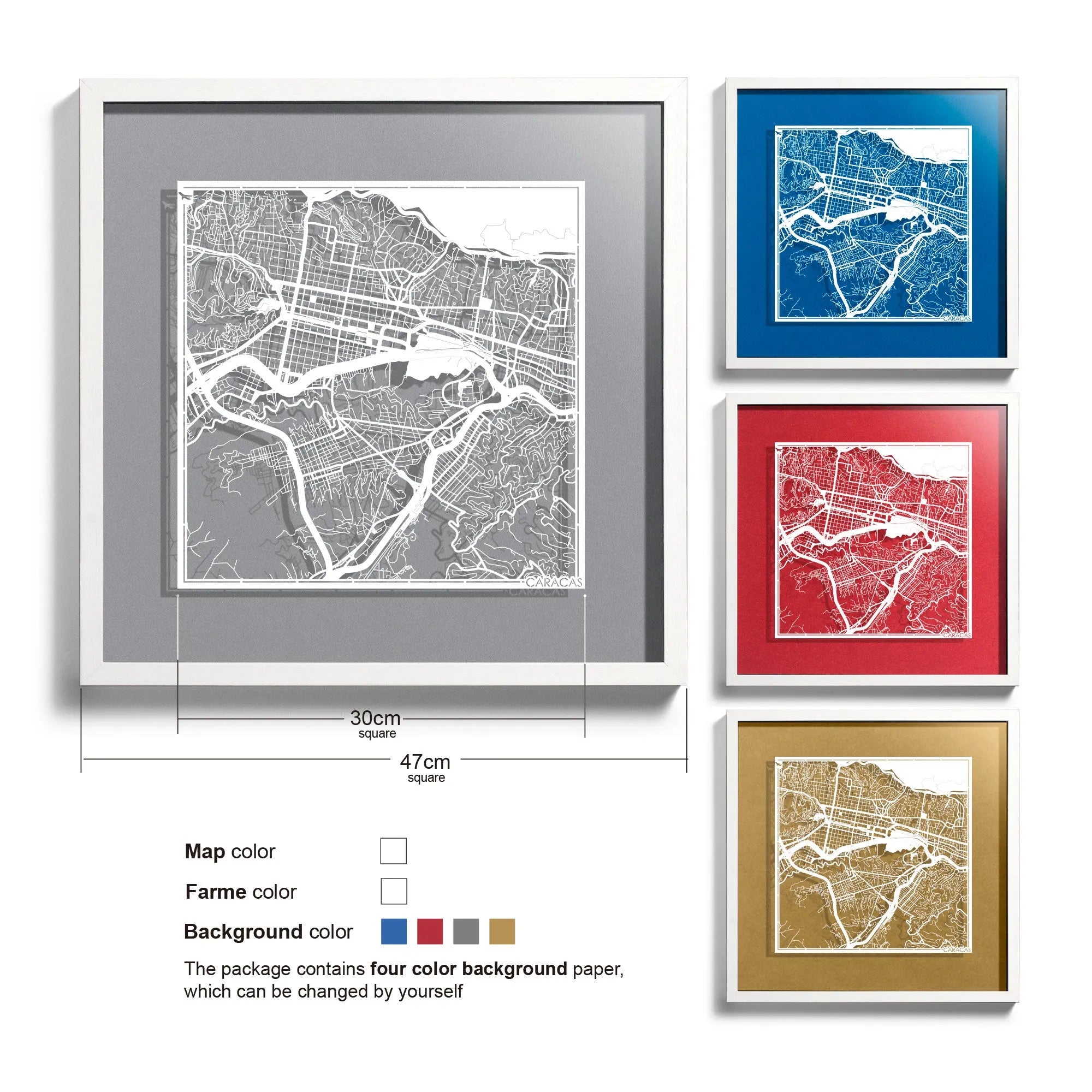 o3designstudio Caracas-Paper-cut-map-framed-18-inch-White map / White frame-45MF2304WW