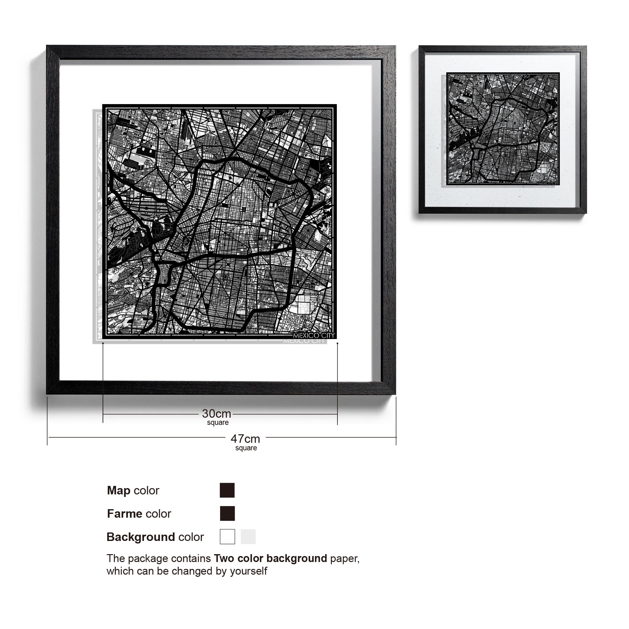 o3designstudio Mexico City-Paper-cut-map-framed-18-inch-Black map / Black frame-45MF2305BB