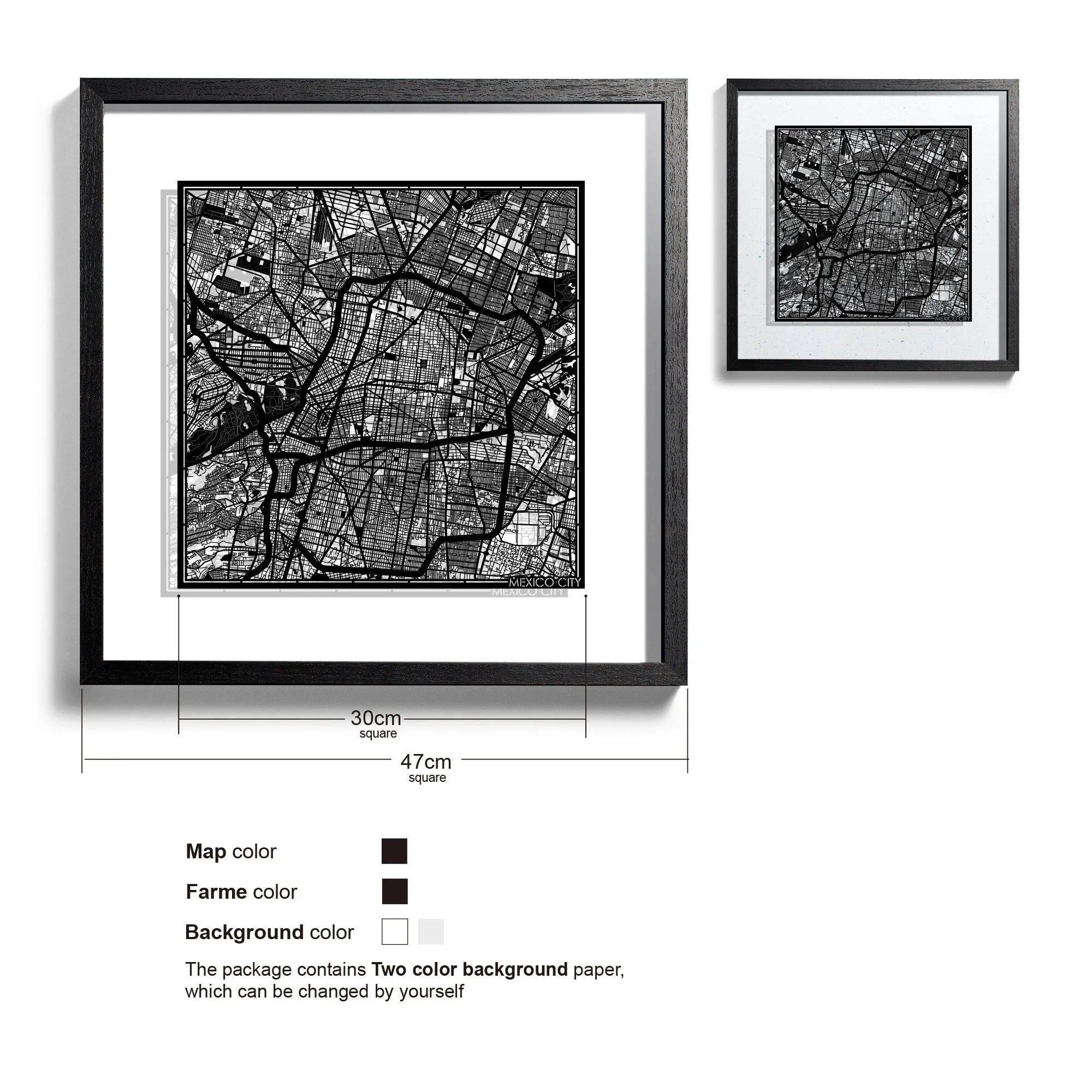 o3designstudio Mexico City-Paper-cut-map-framed-18-inch-Black map / Black frame-45MF2305BB
