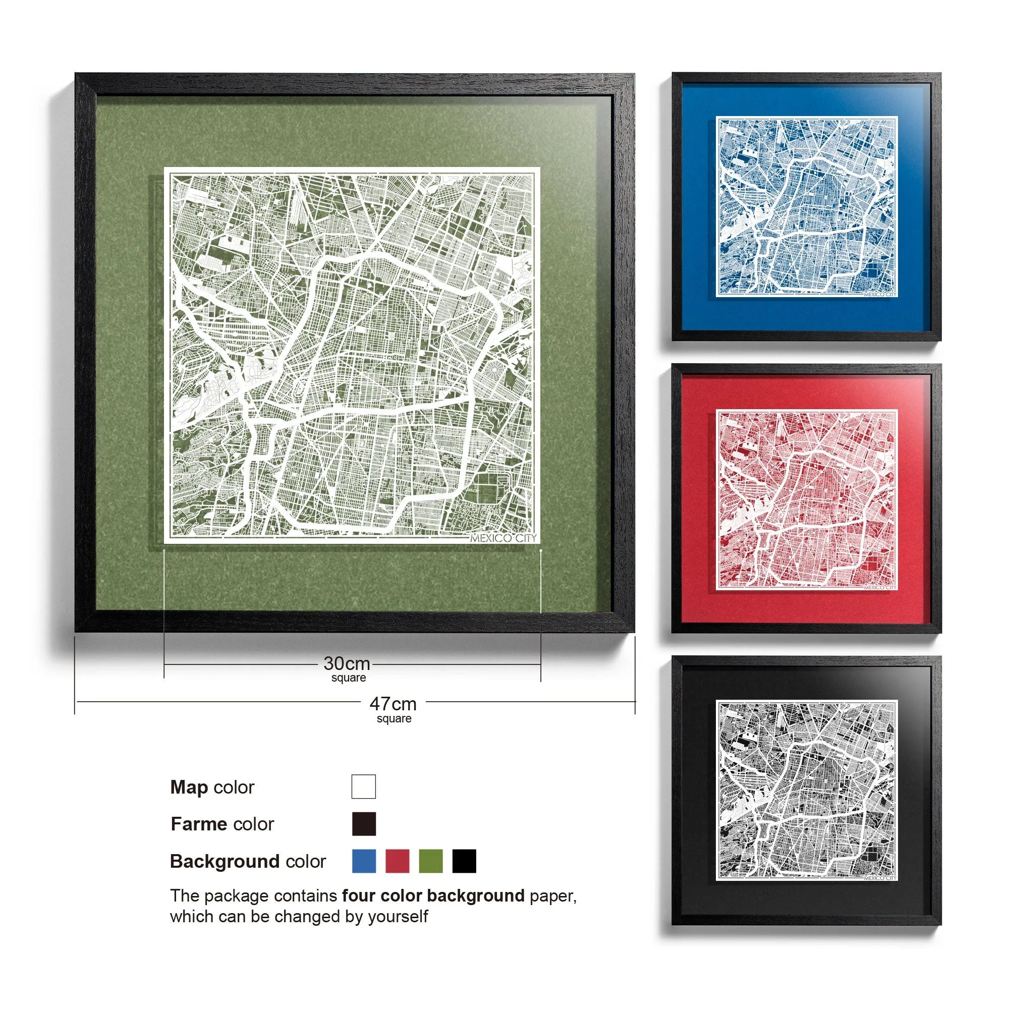 o3designstudio Mexico City-Paper-cut-map-framed-18-inch-White map / Black frame-45MF2305BW