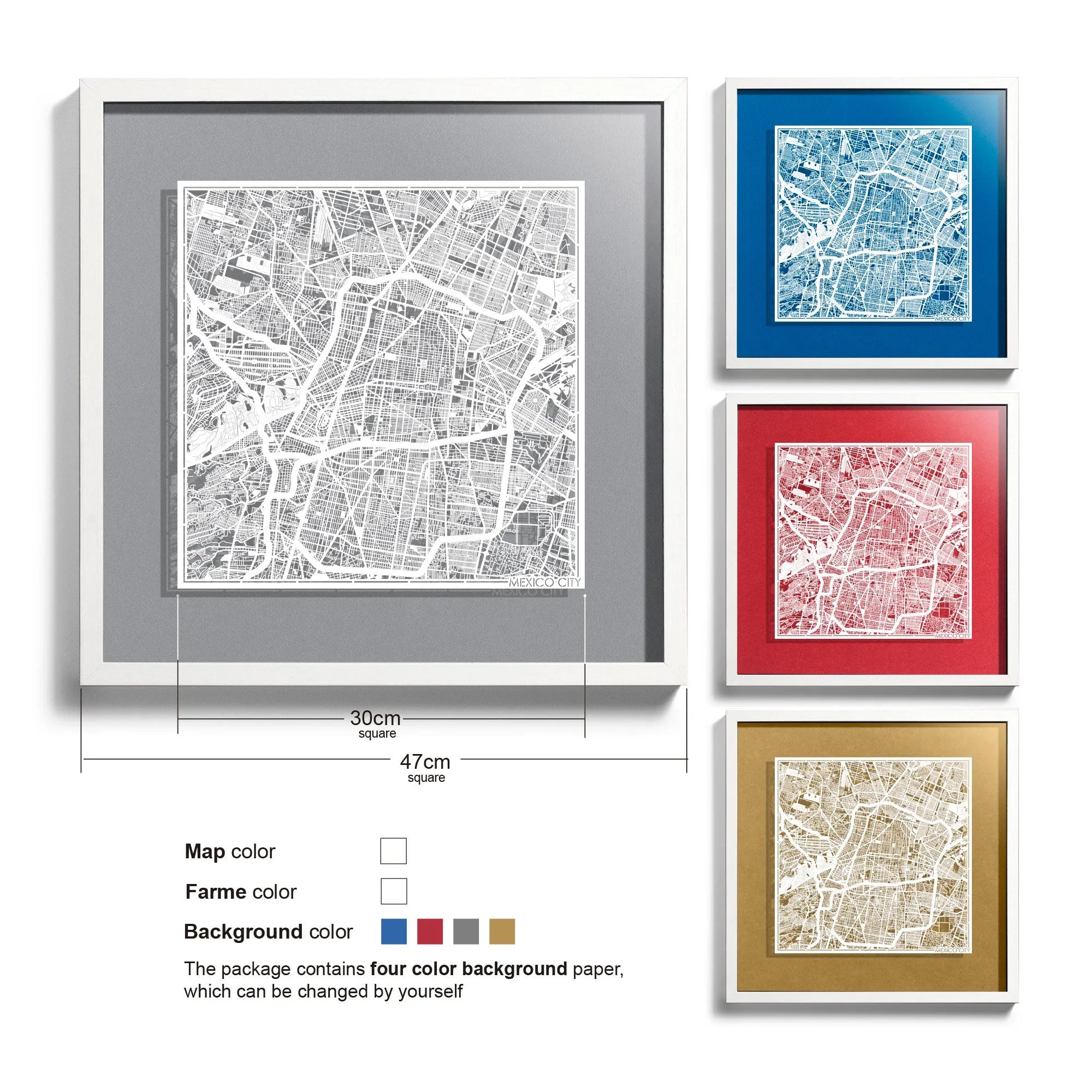 o3designstudio Mexico City-Paper-cut-map-framed-18-inch-White map / White frame-45MF2305WW