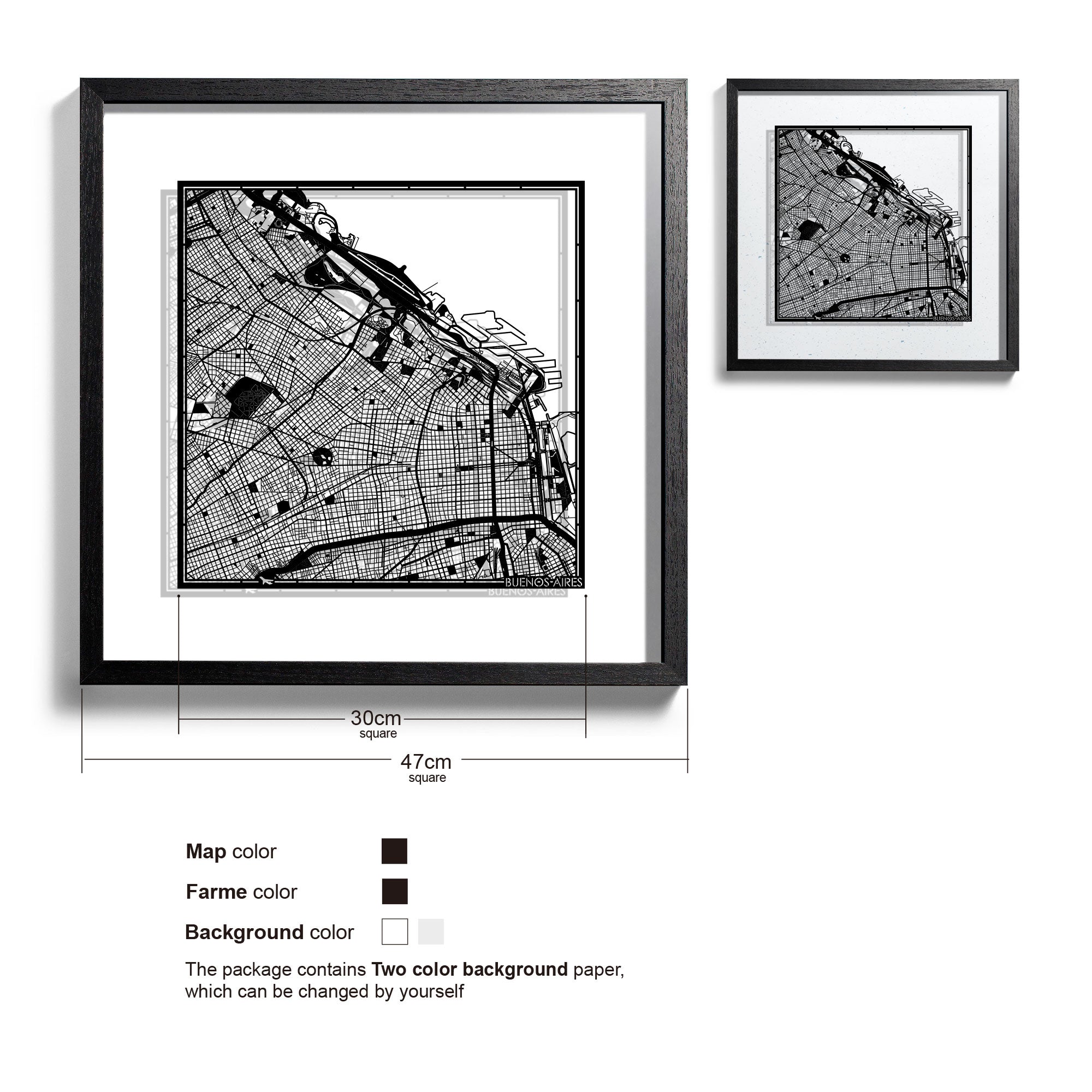 o3designstudio Buenos Aires-Paper-cut-map-framed-18-inch-Black map / Black frame-45MF2306BB