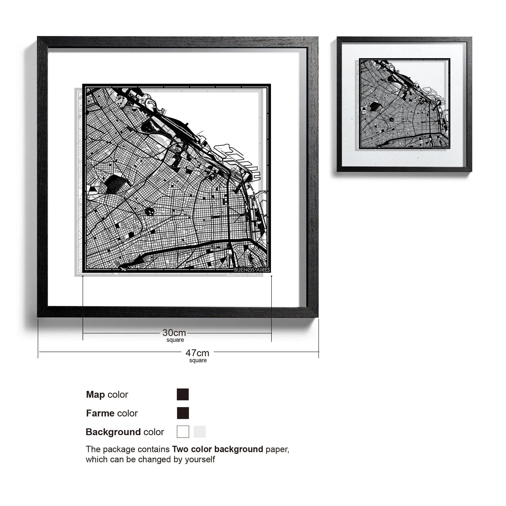 o3designstudio Buenos Aires-Paper-cut-map-framed-18-inch-Black map / Black frame-45MF2306BB